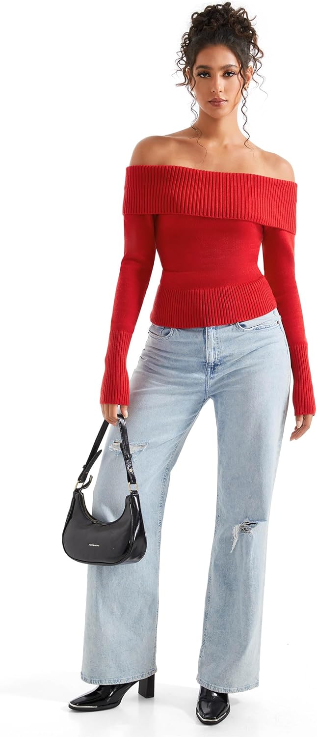 SUUKSESS Women Off Shoulder Sweaters Long Sleeve Ribbed Knit Going Out Fall Tops Blouse - Image 2