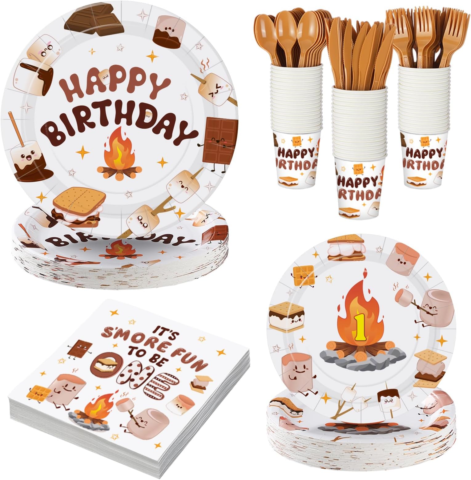 252 Pcs S'mores Camping Birthday Party Tableware Set Included Plates Napkins Cups Forks Knives Cutlery for Party Decorations Supplies 36 Guests