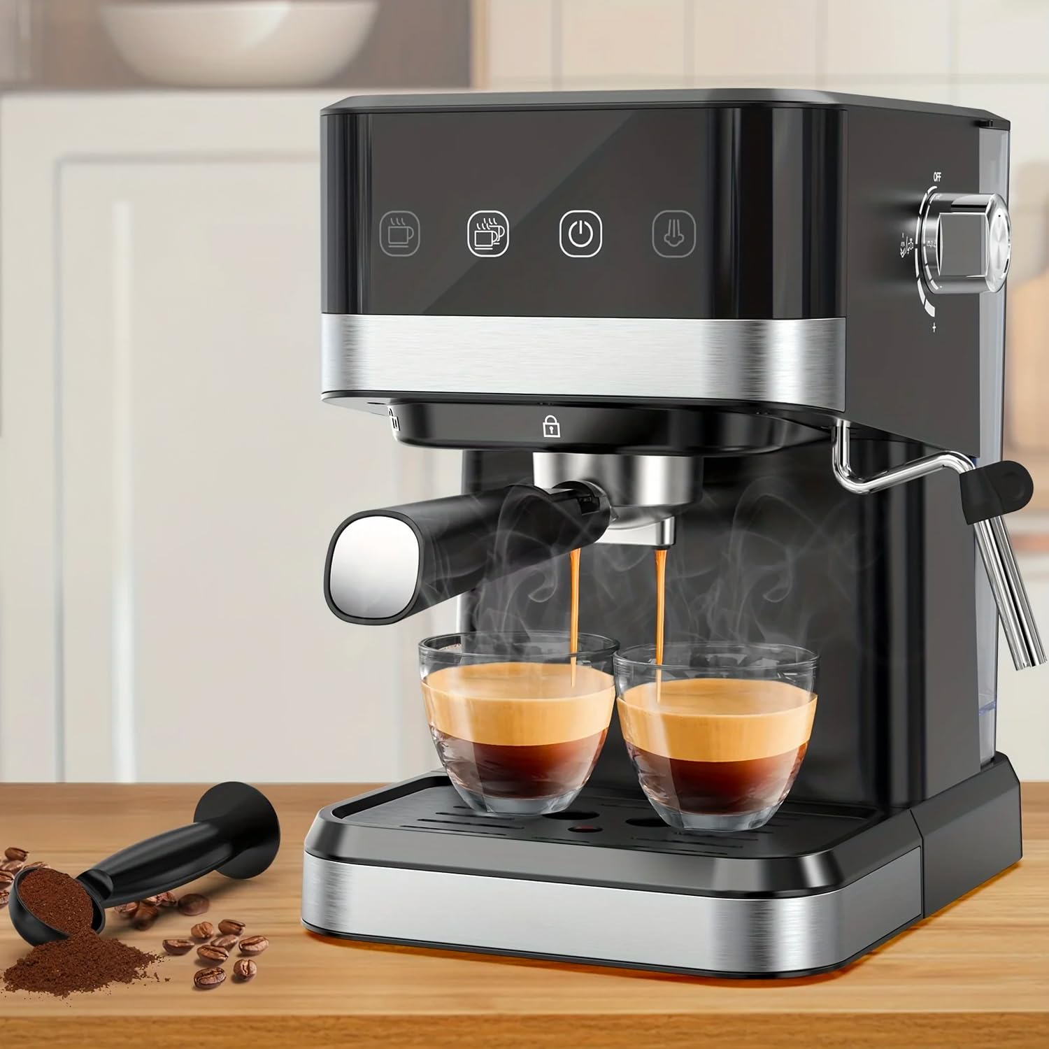 Wintem Macchina del Caffè in Plastica e Acciaio1050W 1,5L in Nero - Doppio Filtro in Metallo - Funzione Montalatte Innovativa - Ugello Vapore Staccabile Pratico e Facile da Pulire