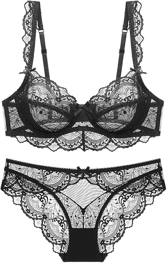 Womens Lace Bra and Panty Set Underwire Lingerie Cup Sized 32B-40D Unlined Sheer Bra Matching Panties 2 Piece