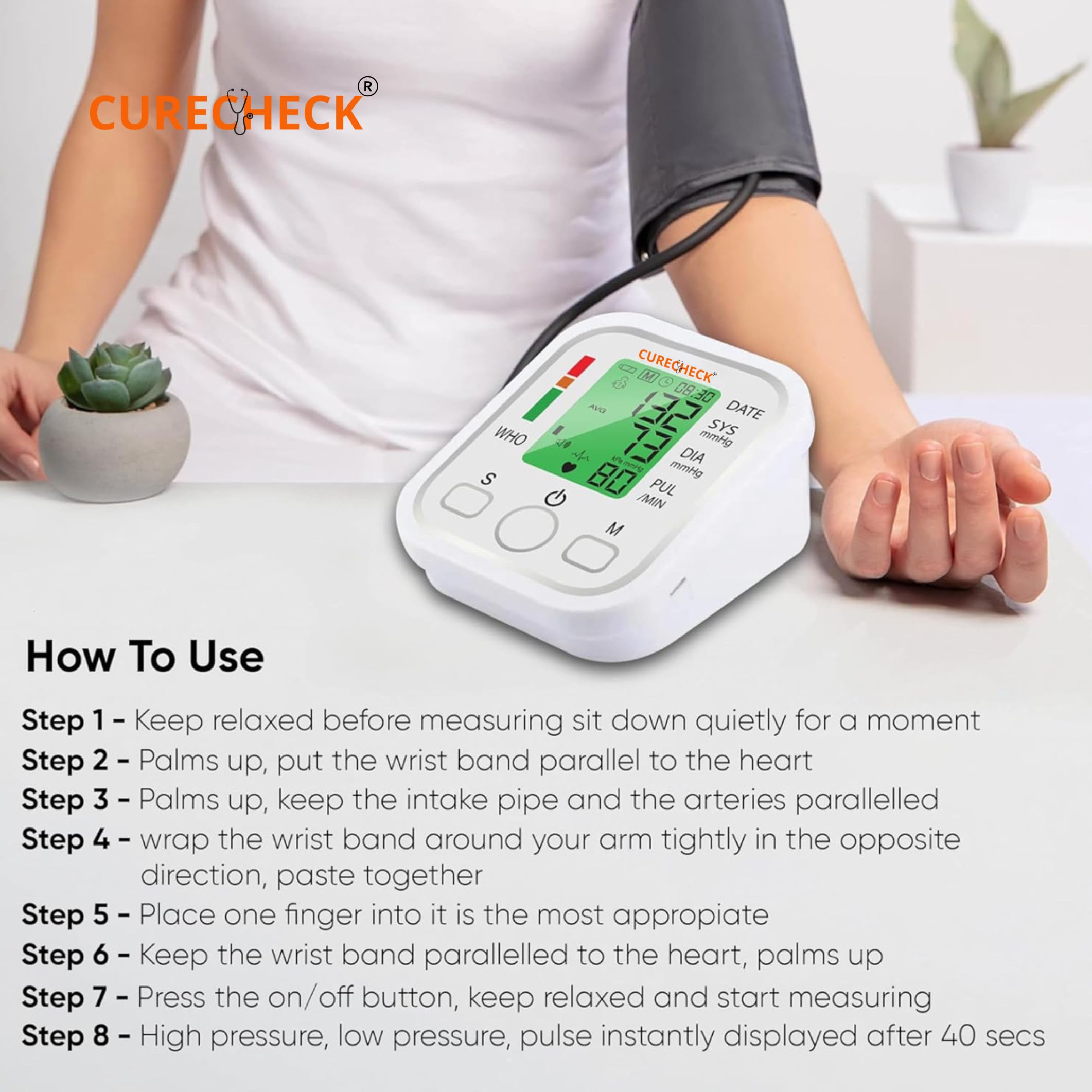CURECHECK BP Monitor Fully Automatic Blood Pressure Machine to Check Digital Accurate Level for Home Monitoring Device with Talking Function,Large Display + Cuff Kit (White) - Image 3 thumbnail