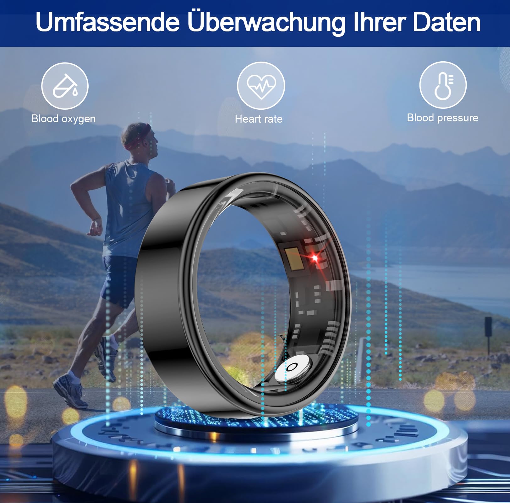 Bague Intelligente Santé IP68 - Monitor Fréquence Cardiaque, Pression Artérielle, Oxygène - Étanche, Podomètre - Connectée Bluetooth