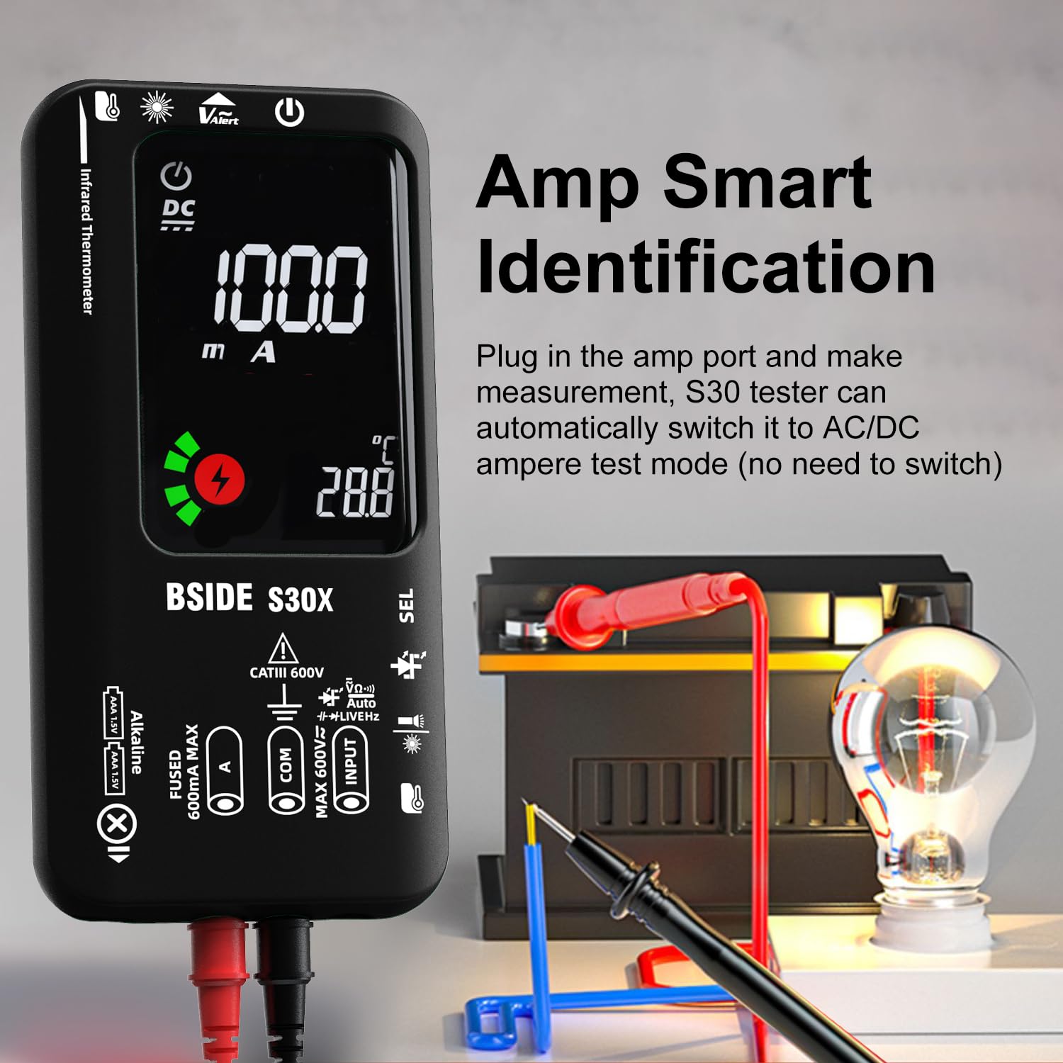 BSIDE S30X Multimetro Digitale Automatico con Termometro IR 12:1 Tester Diodi Alta Tensione LCD Colori 9999 Conteggi Voltmetro Ampemetro Capacimetro Ricaricabile per HVAC LED Automotive Electronic