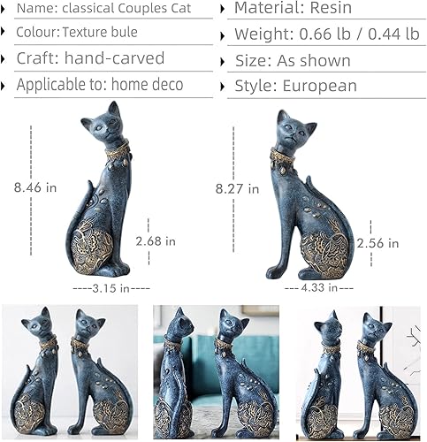 Miniatura 2 de Juego de 2 estatuas de gatos  Decoración del hogar, figuras de pareja de gatos para sala de estar, regalo de boda (azul)