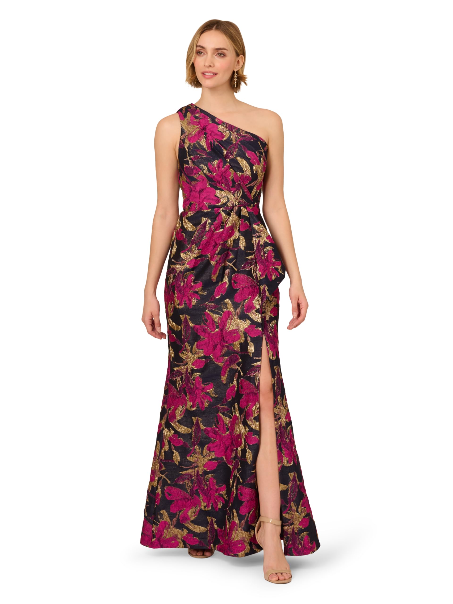 Adrianna Papell Women's One Shoulder Jacquard Dress Special Occasion, Navy/Pink, 18