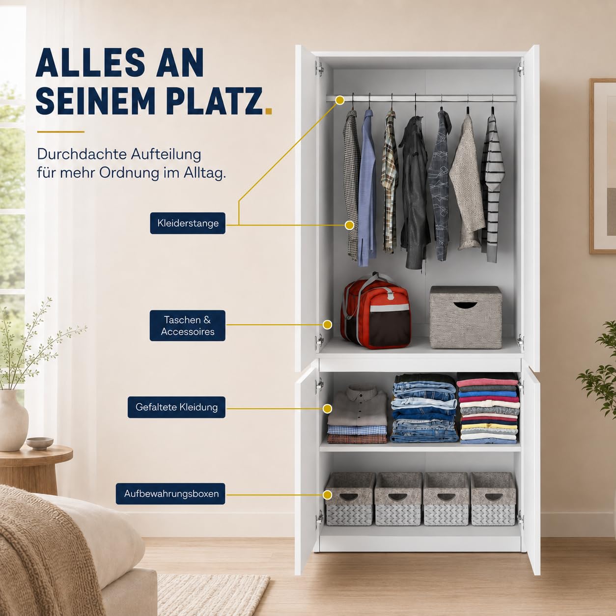 ELVA Kleiderschrank 80 cm – Grifflose Garderobe mit 4 Türen, Schrank für Schlafzimmer, Flur & Ankleidezimmer – 80x181,5x50 cm (Matt Weiß)