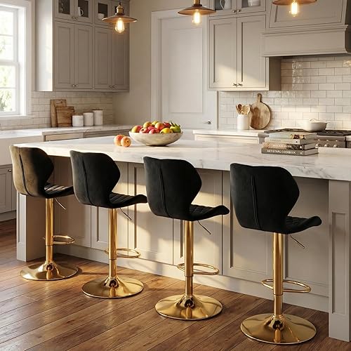 Miniatura 10 de CIMOTA Juego de 2 taburetes de bar giratorios de terciopelo blanco, sillas de bar de altura de mostrador con respaldo/base dorada, silla moderna