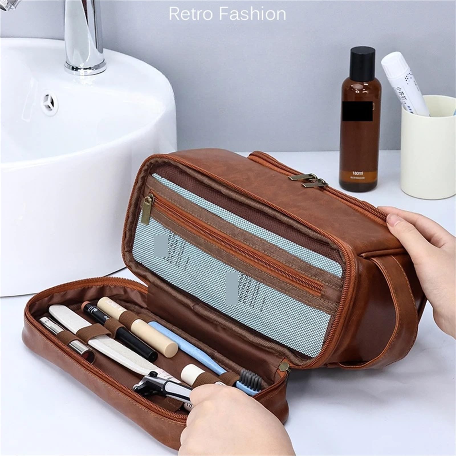 Neceser de Viaje Bolsa de Maquillaje Colgante Gran Capacidad, Piel sintética, for Hombre, con Doble Capa, Organizador artículos Esenciales Viaje(Brown1)