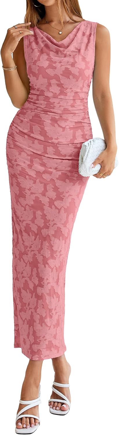 Simplee Womens Summer Floral Maxi Dress Sleeveless Cowl Neck Stretch Bodycon Cocktail Party Wedding Guest Dresses