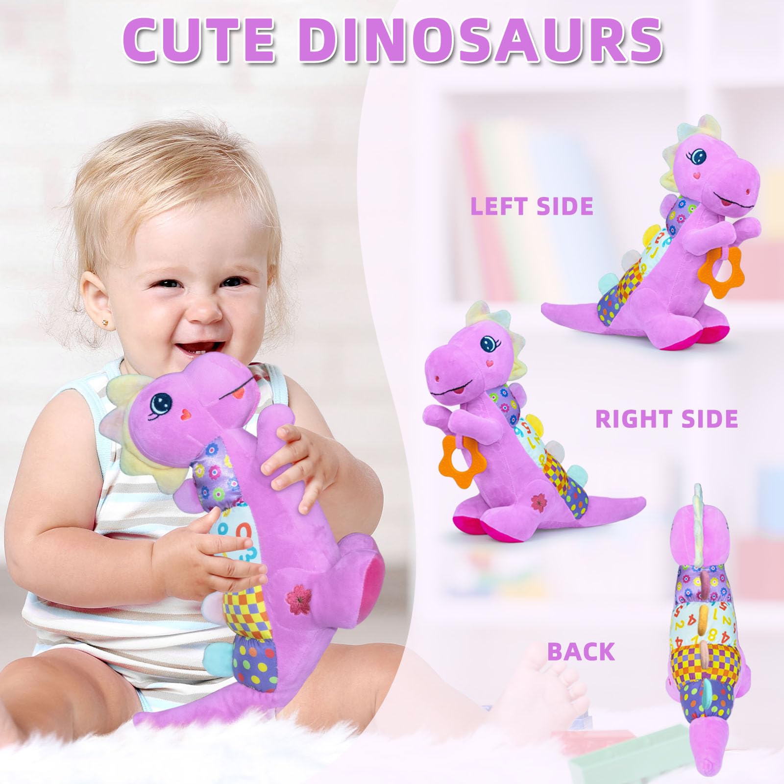 Baby Dino Giocattoli musicali di peluche per 0-3-6-9-12 mesi, dinosauro per neonati, giocattoli per la pancia, con carta sonora increspata, massaggiagengive, texture e sonagli per neonati, ragazzi e