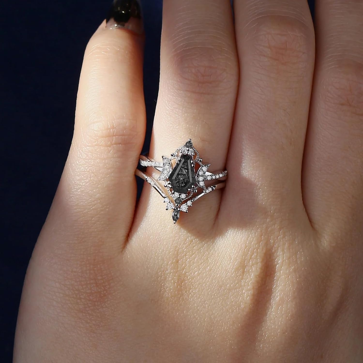 1/1.5/2 Carat Coffin Cut Black Rutilated Quartz Wedding Ring Set for Women S925 10K 14K 18K Gold Black Rutilated Quartz Engagement Rings Unique Bridal Set Promise Rings for Her