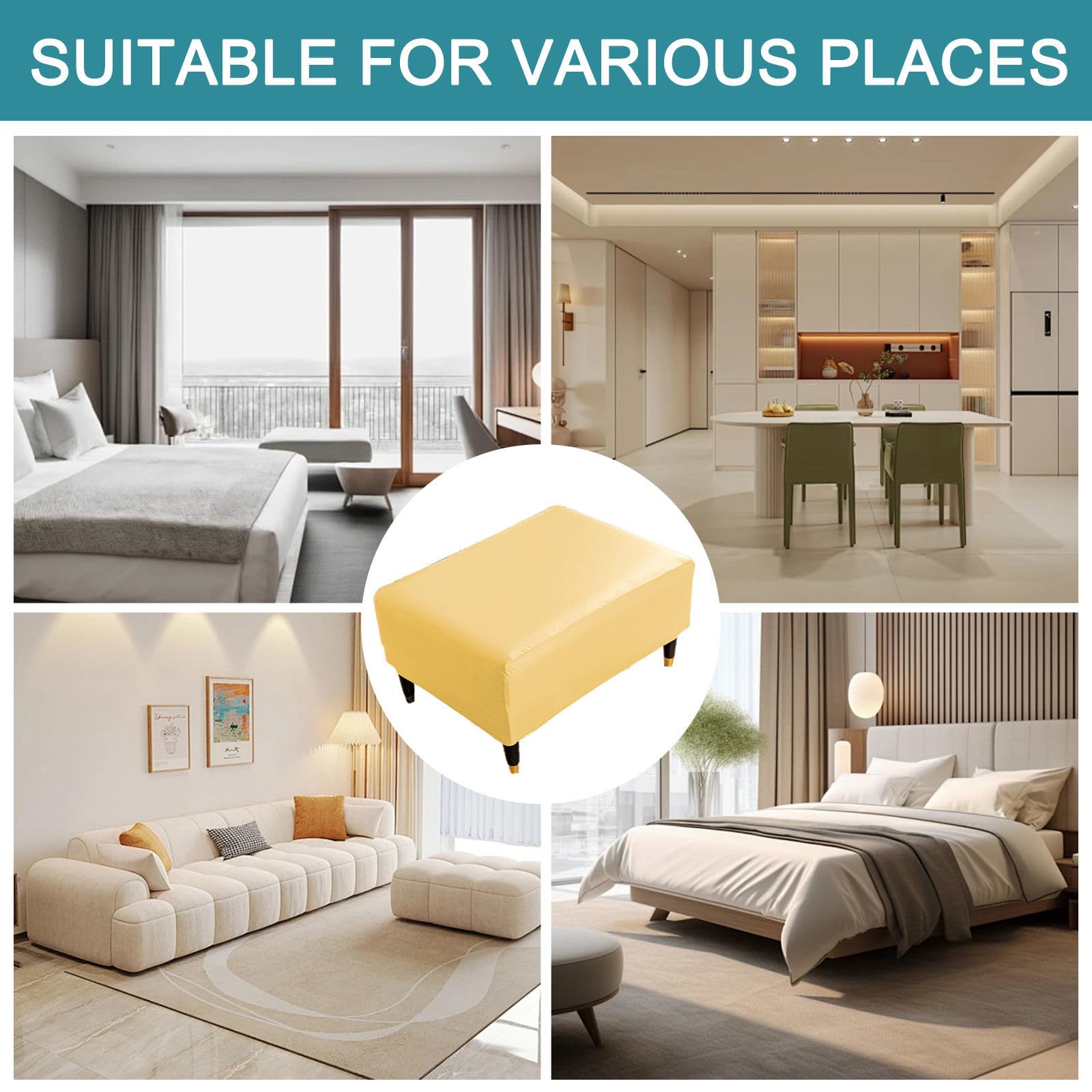 Funda otomana impermeable de piel sintética suave y elástica para reposapiés plegable, parte inferior elástica extraíble, color amarillo, se adapta a otomanas de 130 a 140 cm