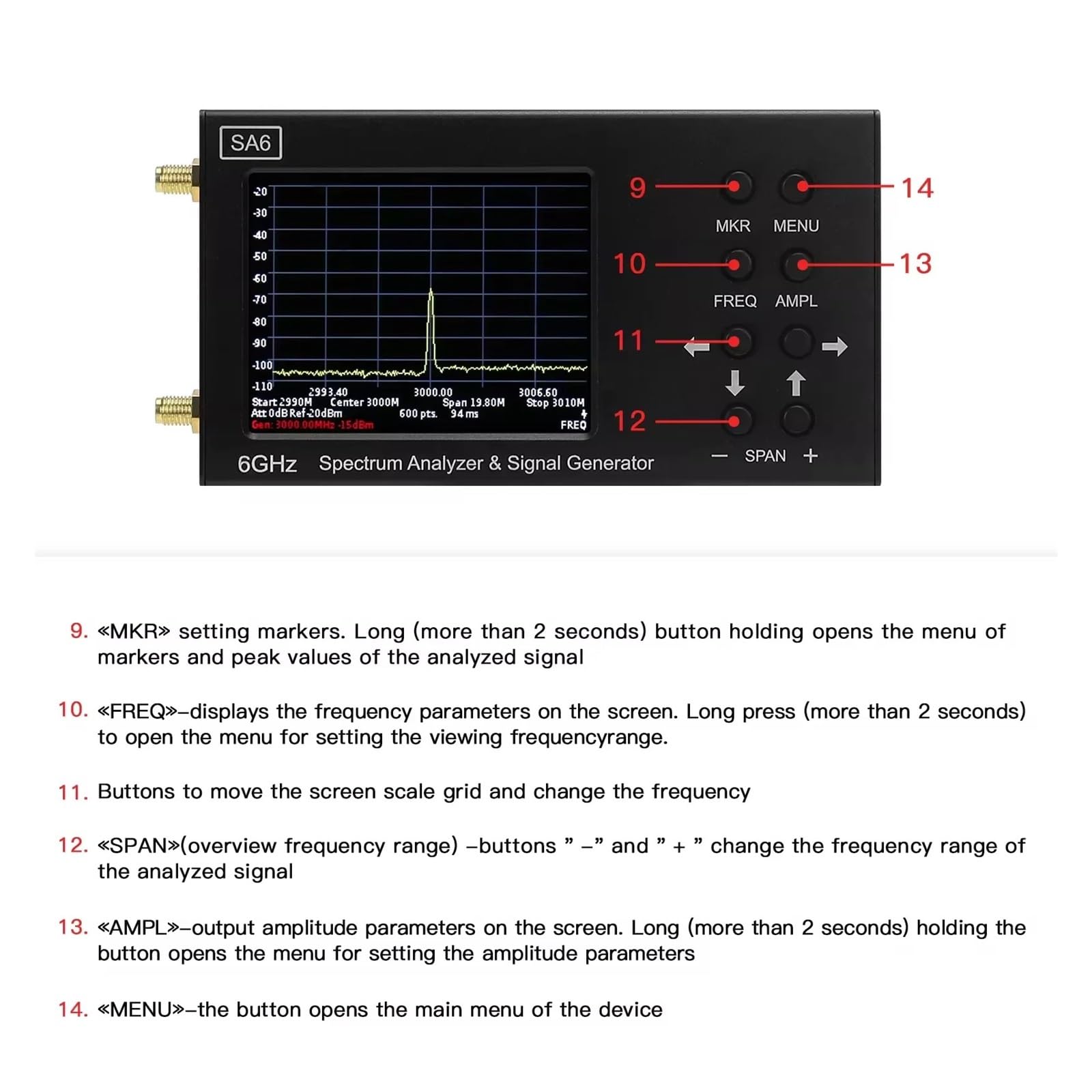 Spektrumanalysator, SA6 Spektrumanalysator 6 GHz 35-6200 MHz Signalgenerator Bietet PC-Software zur Messung von Funksignalen Richtungskompass