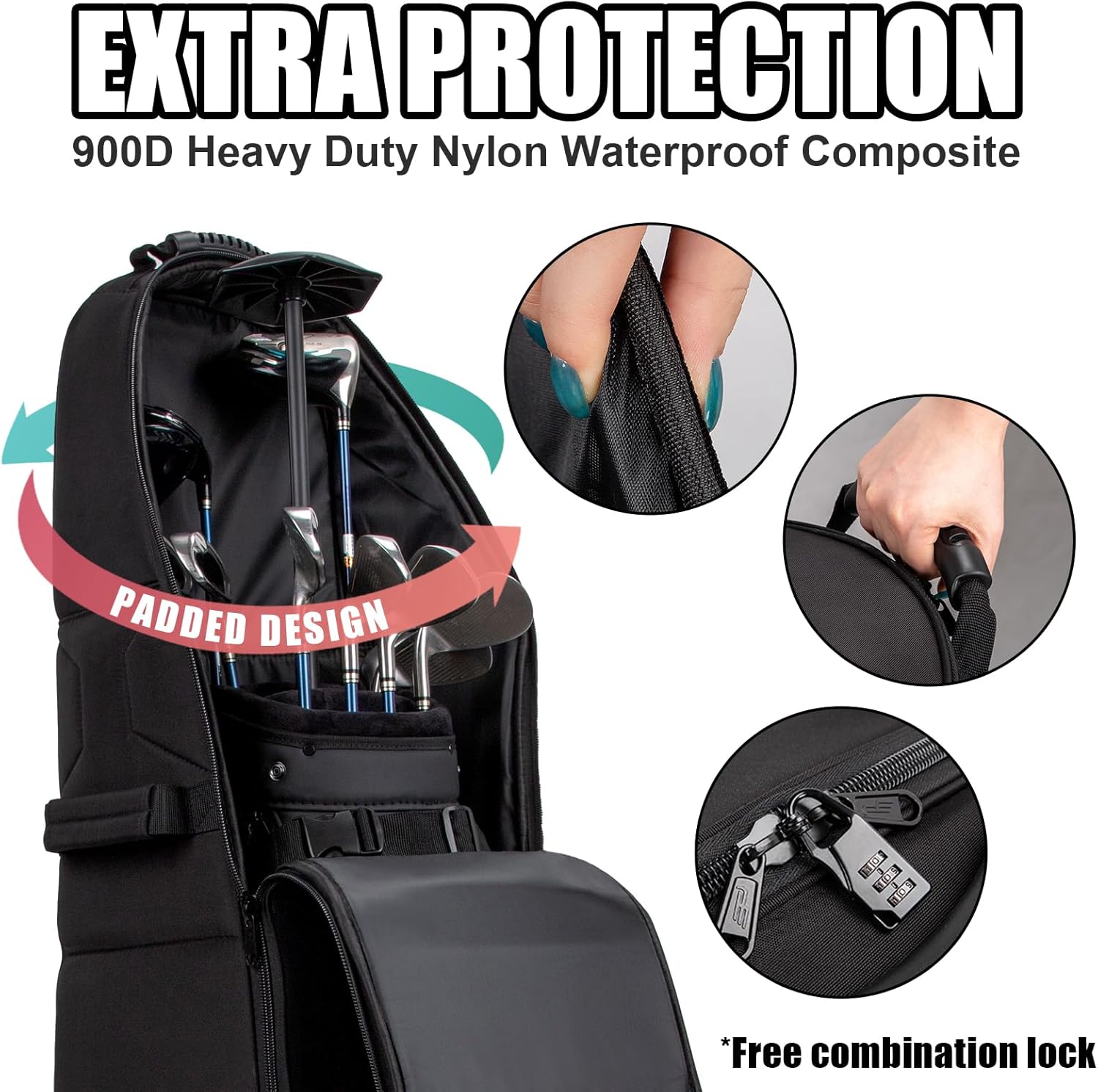 Self Standing Upright All Direction 4 Spinner Swivel Wheel Golf Travel Bag. Soft-Sided Fully Padded Heavy Duty Fabric. Multidirectional Airline Travel Cover Case. Compact Foldable Carry Bag Included.