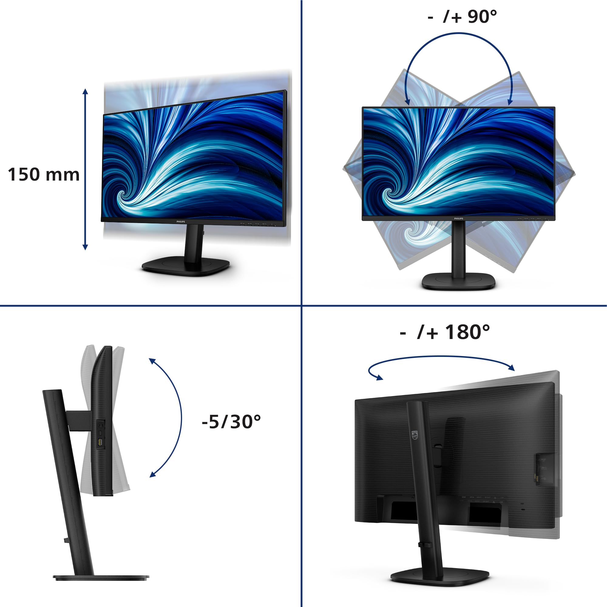 Philips 24B2U3601 Monitor 24 Pulgadas 120Hz Panel IPS, 4ms GtG, Altavoces, Altura Ajustable, (2560x1440 HDMI 1x 2.1 TMDS DP 1x 1.4 USB Hub) Negro