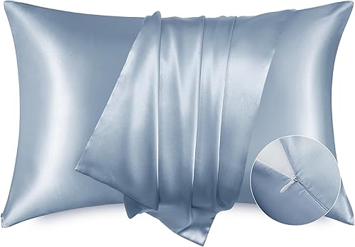 Bedsure Juego de 2 fundas de almohada de satén para cabello y piel, color azul piedra, con cremallera, tamaño Queen, similares a las fundas de