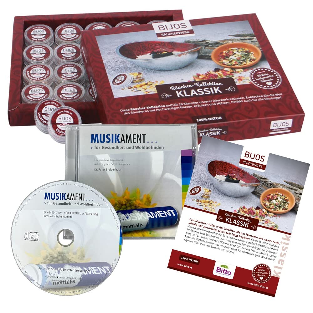 Bijos - Scatola di incenso classica con 20 incensi selezionati e musica rilassante, CD salute/benessere