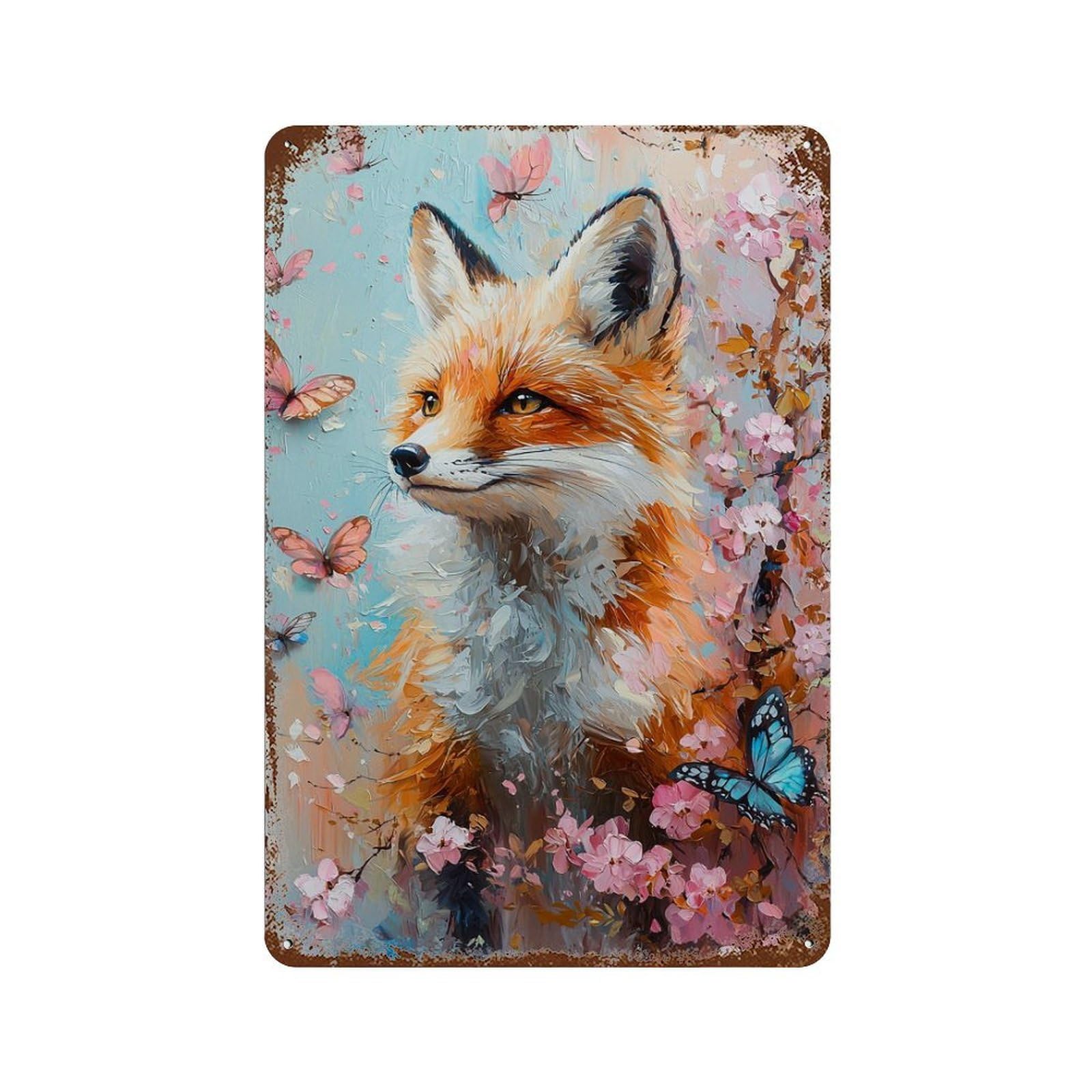 Fox in Blossom Garden 11.8"x7.9" Vintage Rust Metal Sign, Classic Wall Plaque for Office, Studio And Wall Decor