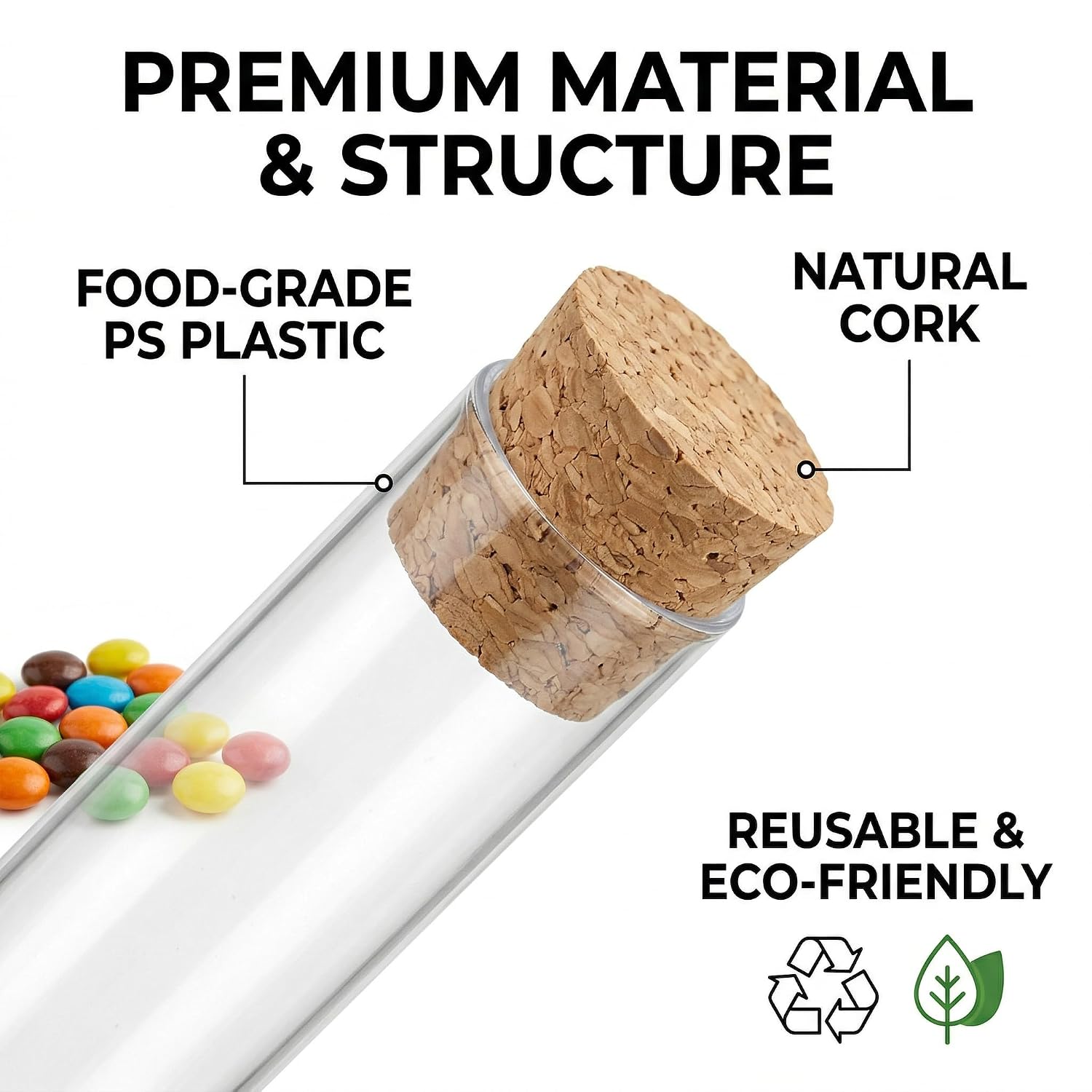 Plastic Test Tubes with Cork Stoppers, 60 PCS Clear 35 mL Test Tube Set, 0.8 x 5.9 in Round Bottom Tubes for Bath Salt, Candy, Beads, Powder, Party Favors and Lab Storage