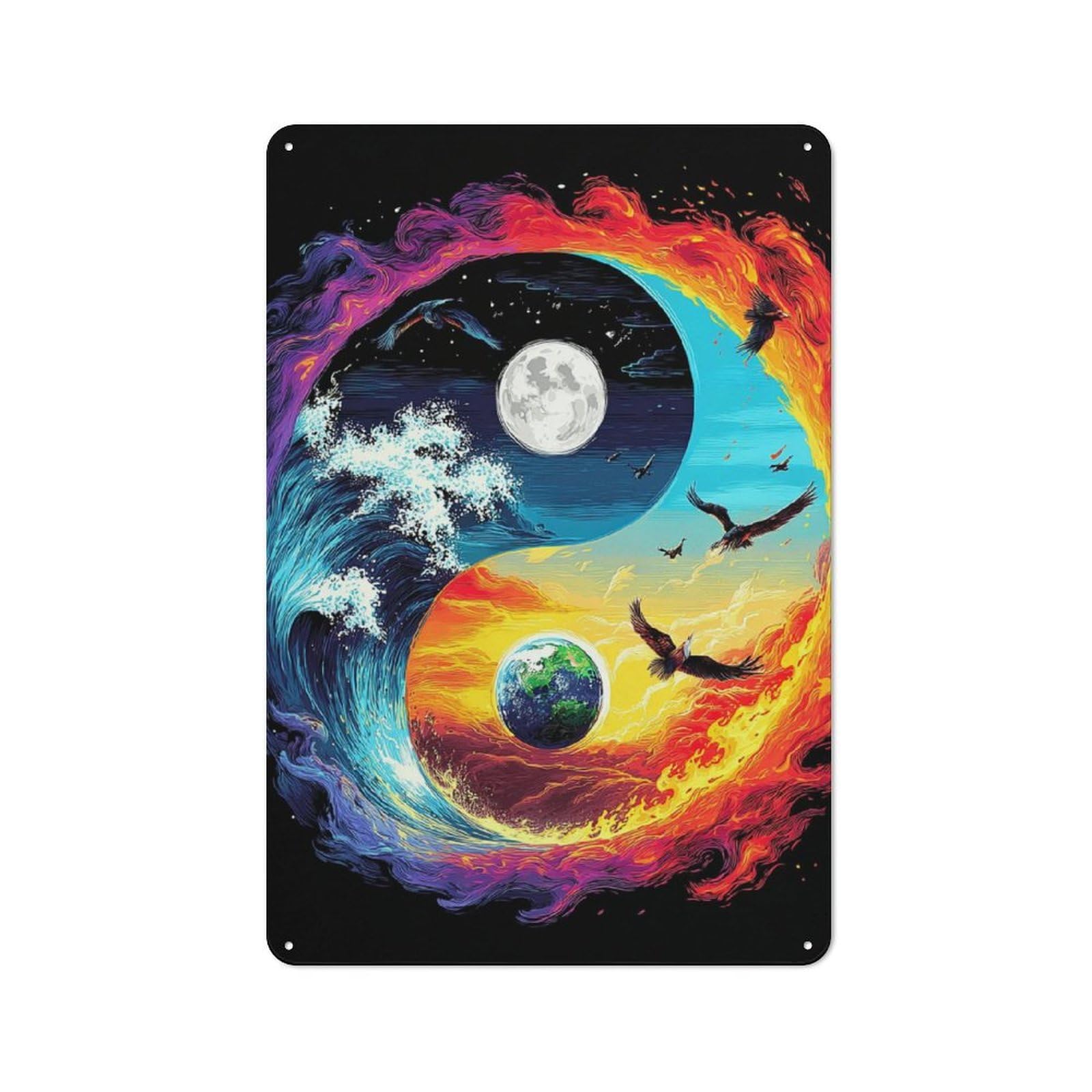 Junmoney Yin Yang Harmony Earth, Moon, Birds Retro Metal Plaque 30X20cm Featuring Bistro Wall Plaque For Bakery, Diner, Cafe Or Family Room