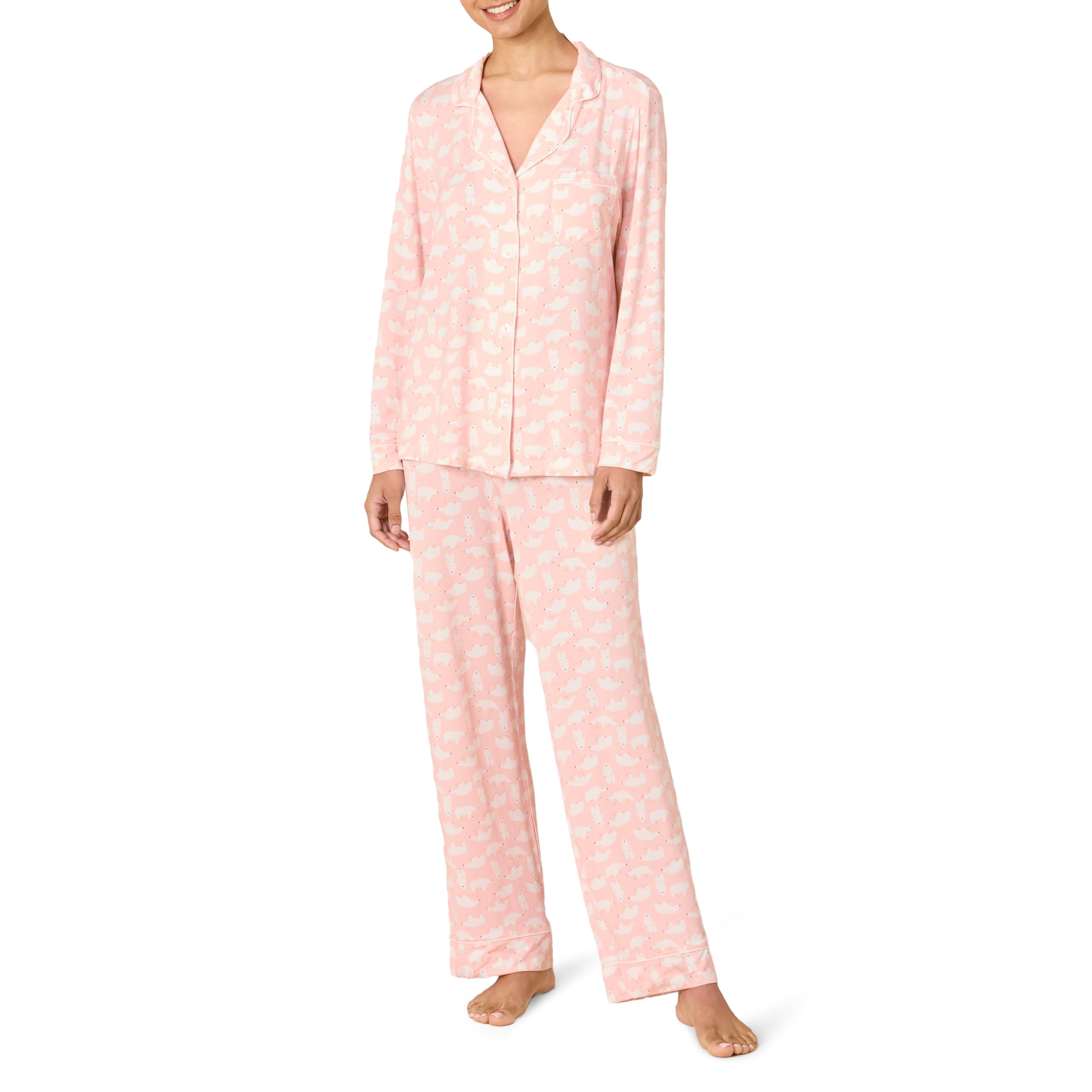 Amazon Essentials x Sofia Grainge Ensemble de Pyjama en Modal Extensible, Haut à Manches Longues et Pantalon Pleine Longueur Femme, Rose Pâle Ours Polaire, XXL