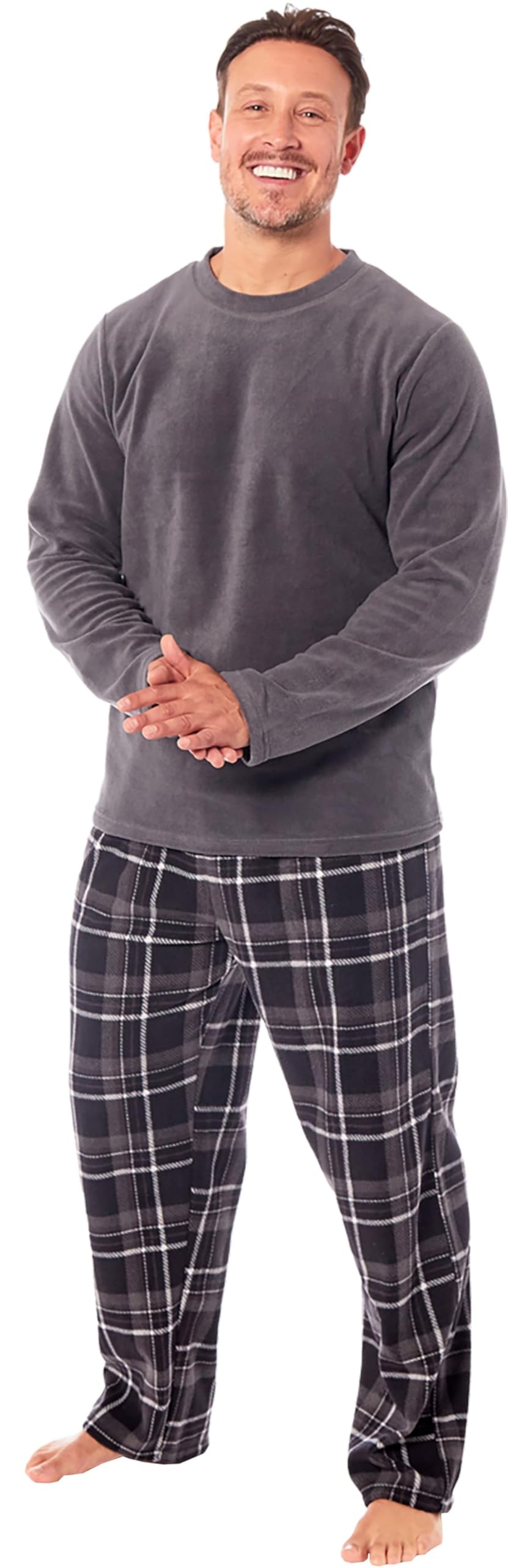 Michael Paul Men's Check - Grey Soft & Cosy Fleece Pyjamas | Warm Pj Set Nightwear Loungewear Modern Check Bottoms | Soft Twosie Pyjama Set For Gifts For Him Dk Grey L