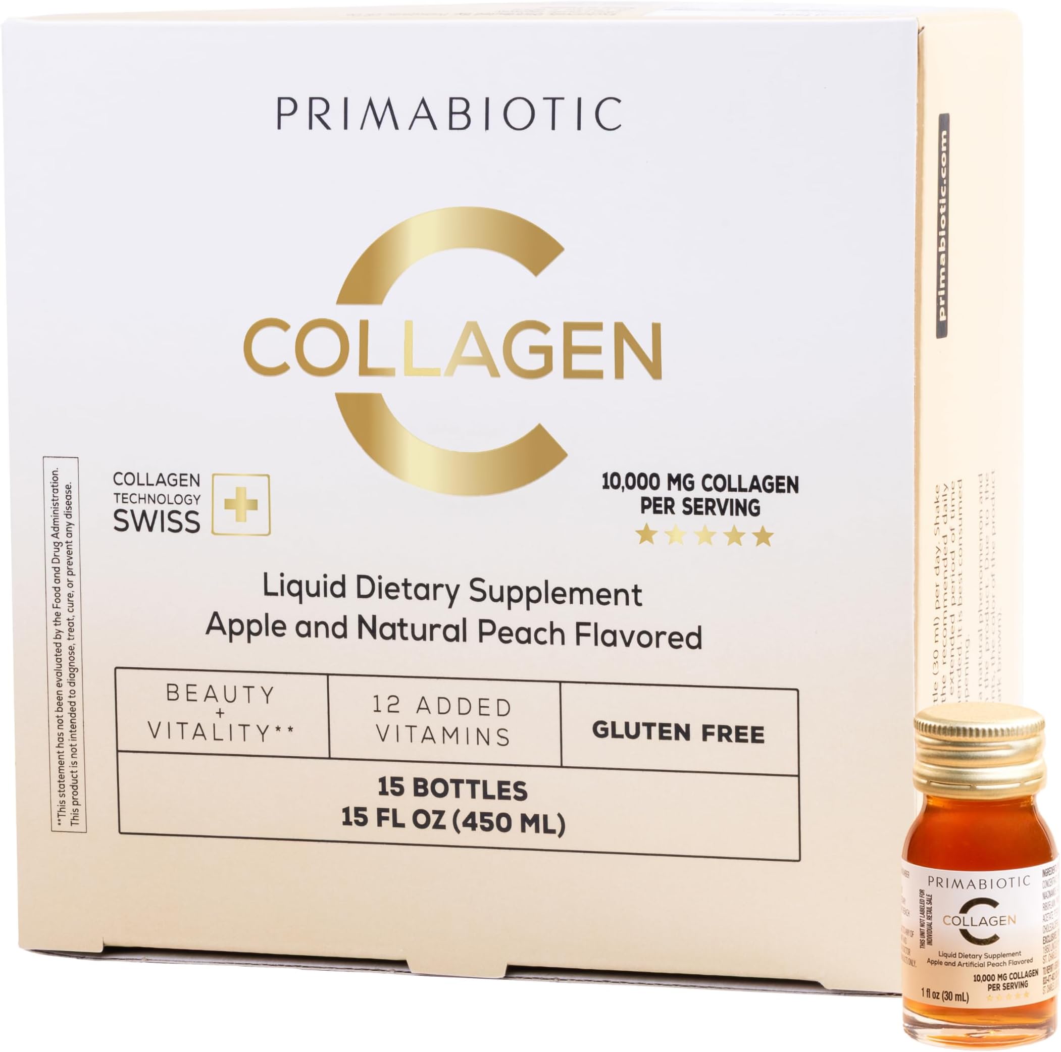 PRIMABIOTIC Liquid Collagen - High Collagen Content [10,000 Mg] Per Serving - Hydrolyzed Collagen and 12 Vitamins - Gluten Free- 450 Ml - Pack of 15 Bottles x 30 Ml