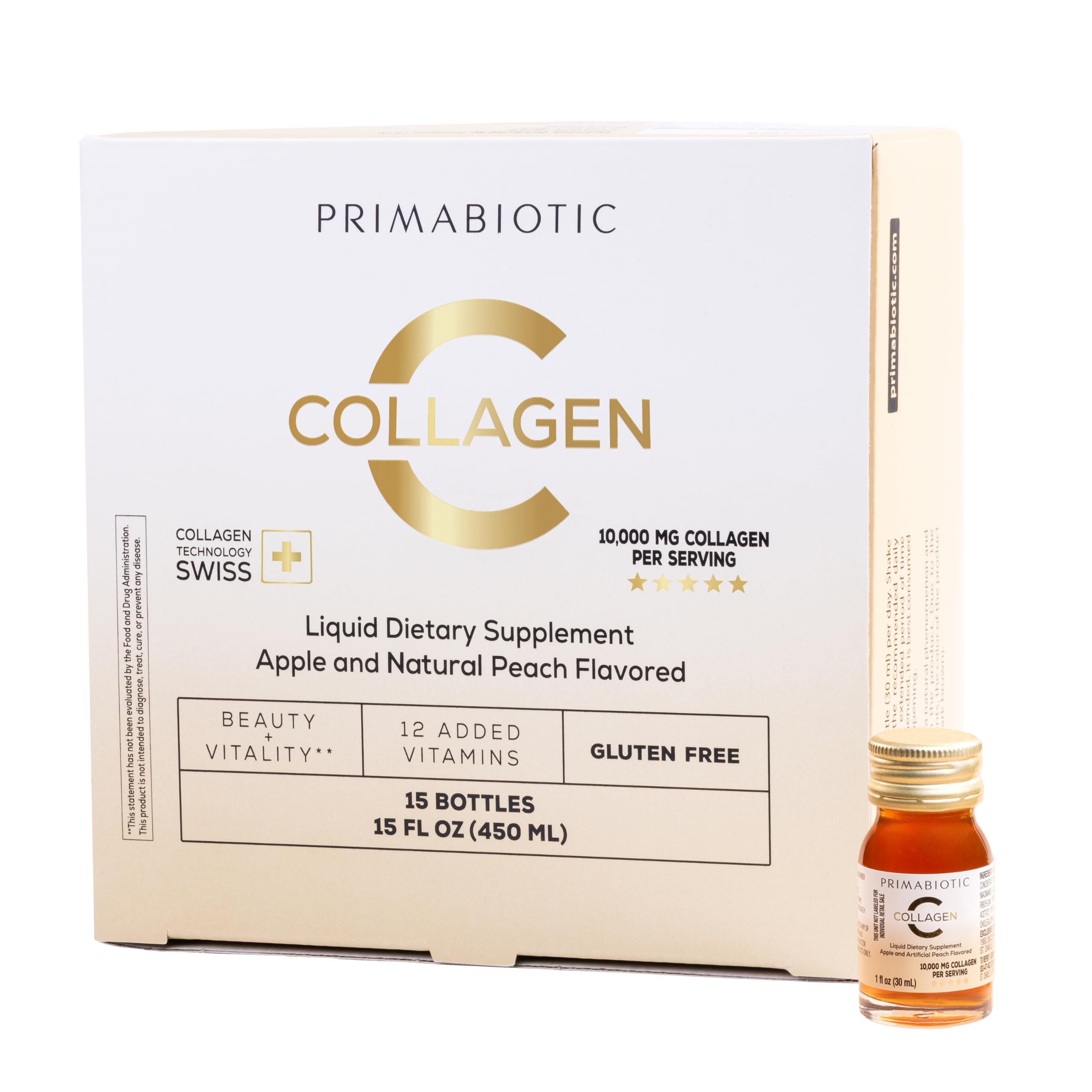 PRIMABIOTIC Liquid Collagen - High Collagen Content [10,000 Mg] Per Serving - Hydrolyzed Collagen and 12 Vitamins - Gluten Free- 450 Ml - Pack of 15 Bottles x 30 Ml