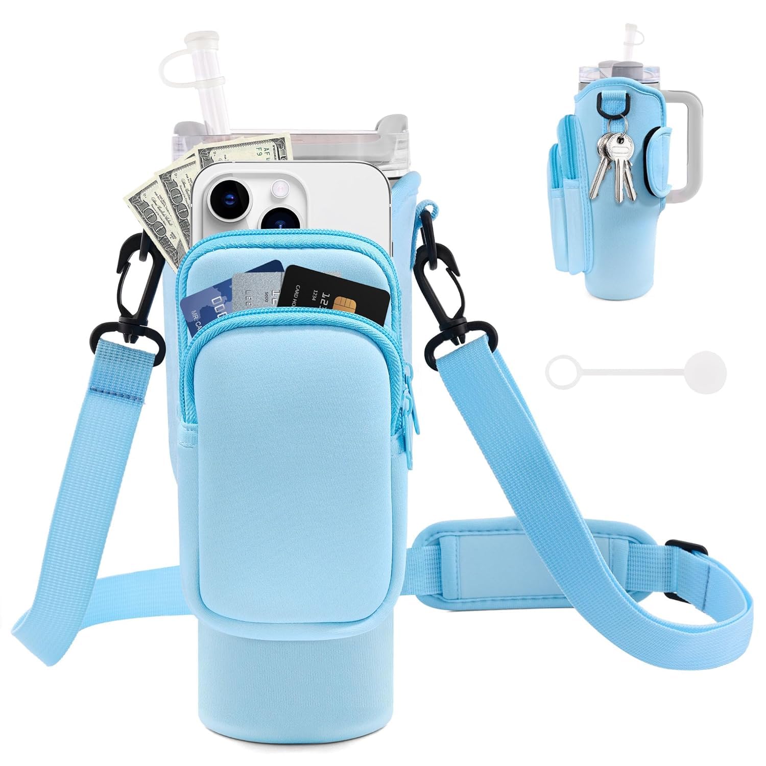 kunya Water Bottle Carrier Bag with Pouch Compatible with 40oz Tumbler with Handle, Water Bottle Pouch for Quencher H2.0 Flow State, 40 oz Tumbler (Blue)-image-14