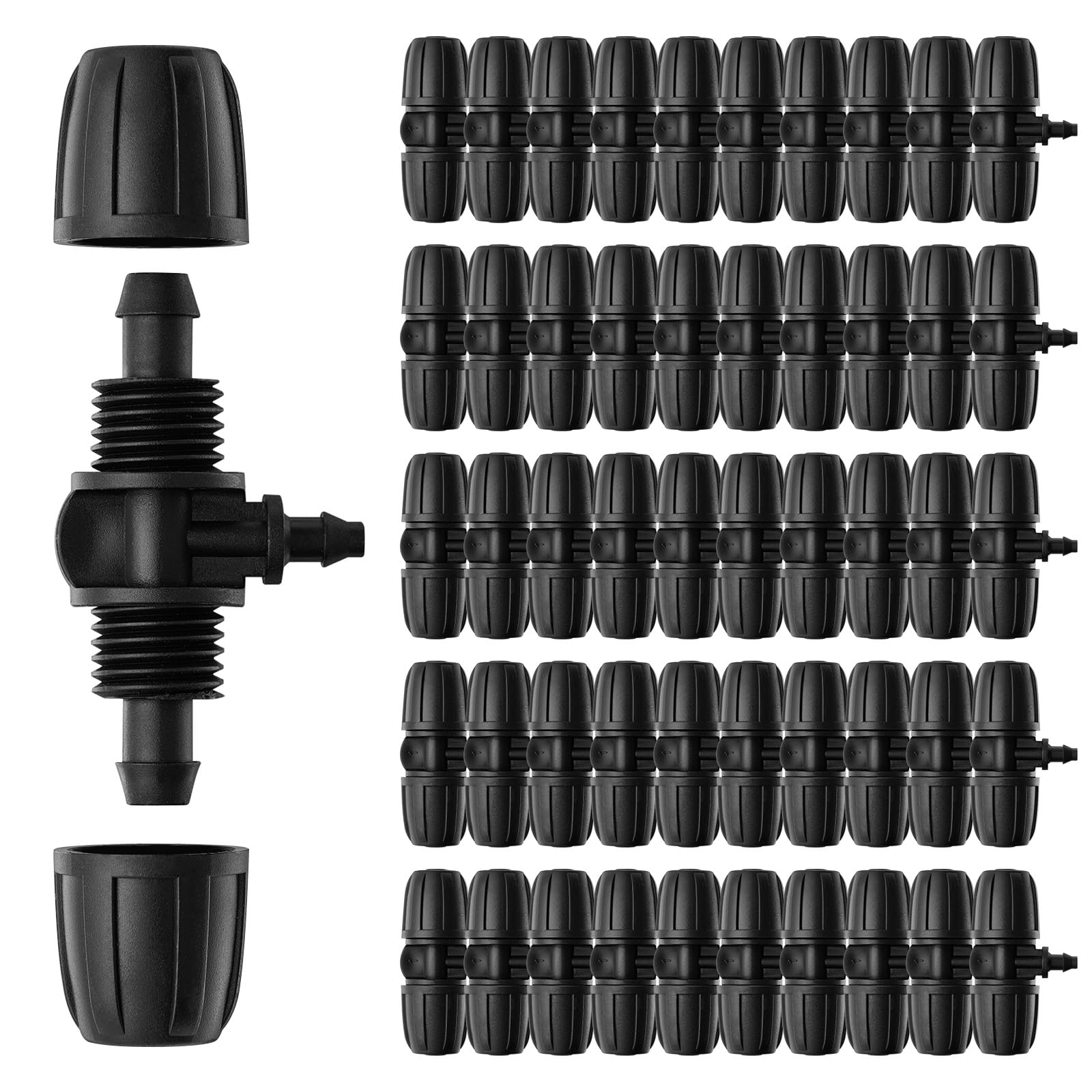Doodlream 50 Pack Drip Irrigation Tubing Tee Valve, 5/16" to 1/4" Anti-Leak Barbed 3-Way Splitter Fittings, Lock Nut Irrigation Adapters for Garden Greenhouse Watering System