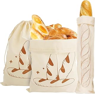 3 Stück Brotbeutel Aufbewahrung Frischhalten, Baumwolle Brotsack zum Frischhalten, 31 X 38cm +16 X 64cm Wiederverwendbar Brötchenbeutel, Leinenbeutel Bread Bag mit Kordelzug für Brot, Obst und Gemüse