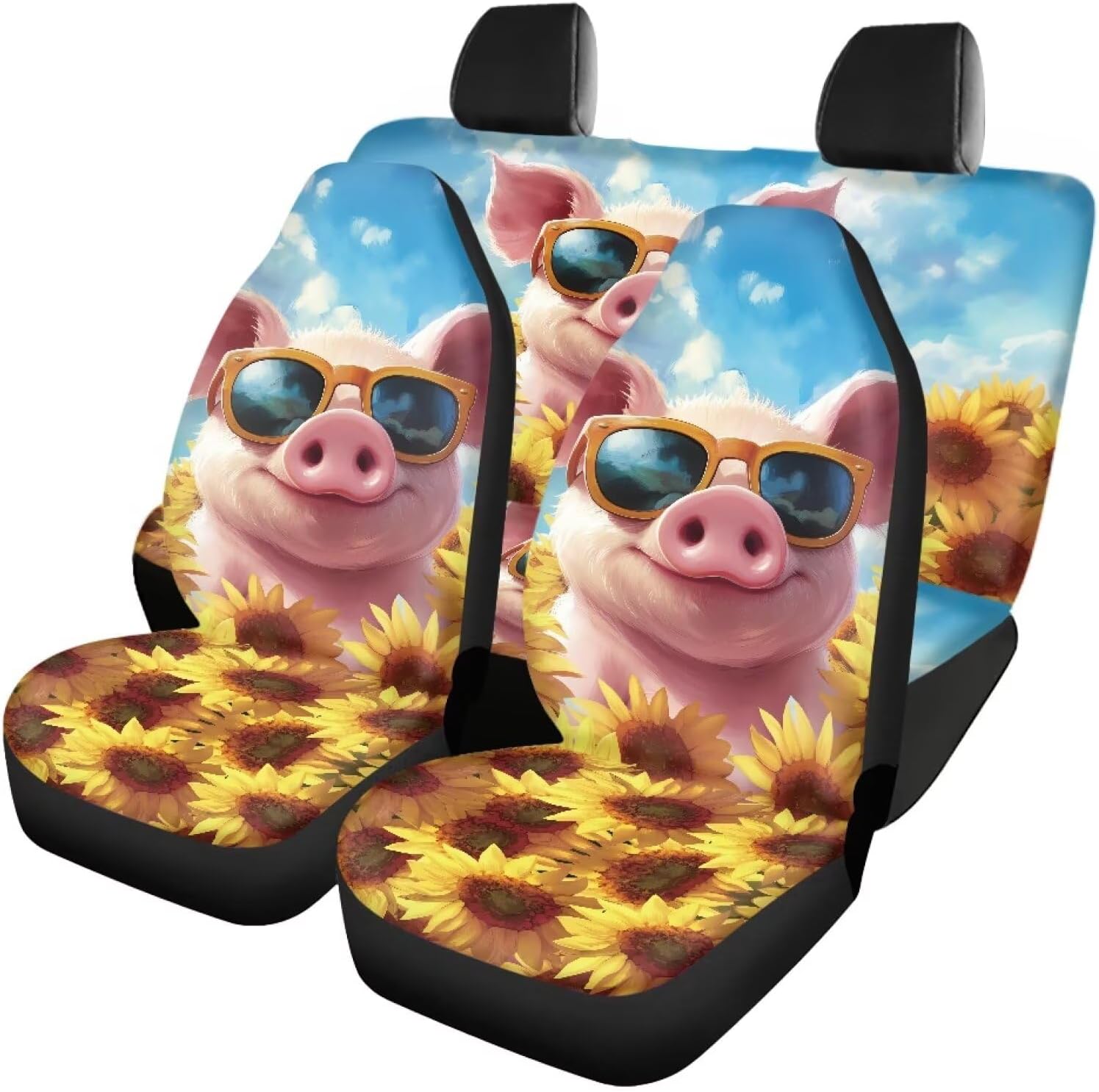 Amzbeauty Sunglasses Pig Yellow Sunflowers Print Car Seat Covers Full Set Front and Rear Durable Anti-Slip Design Perfect for SUVs Trucks