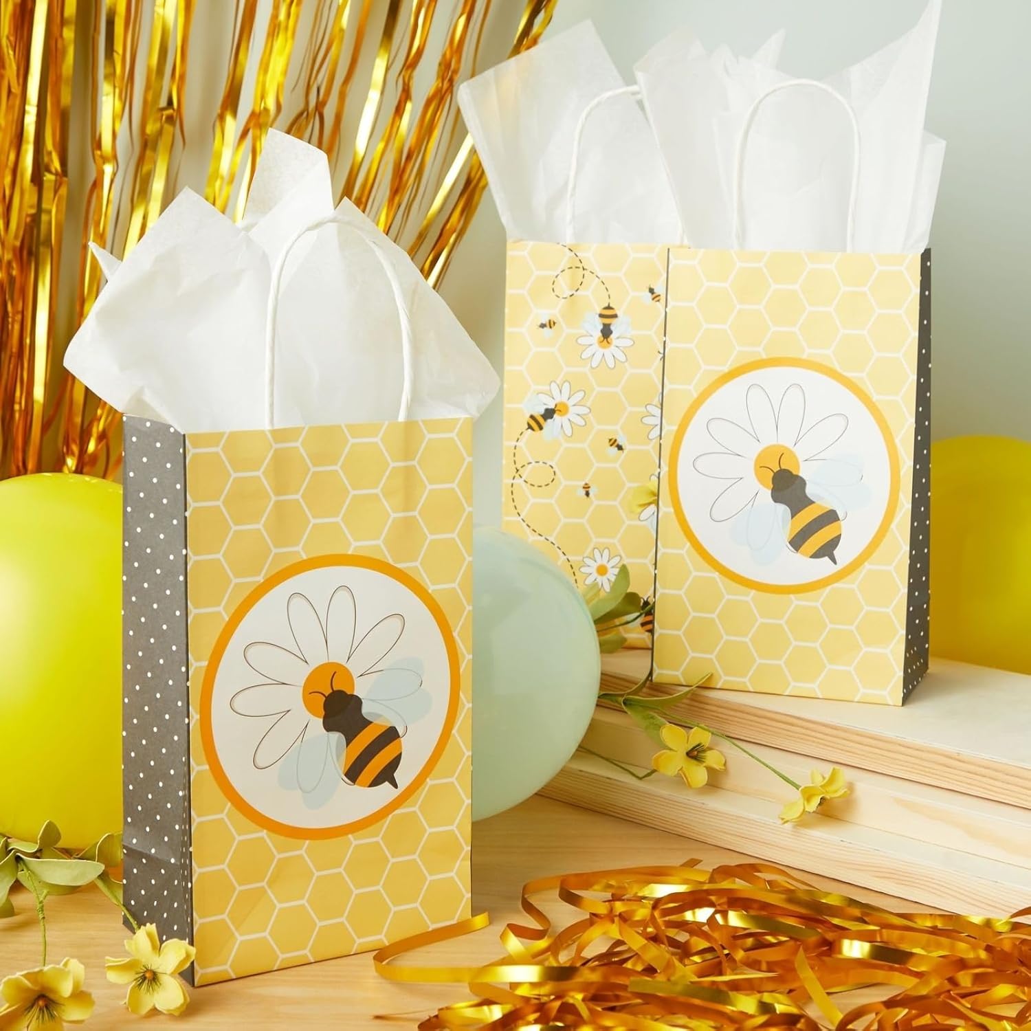 BLUE PANDA Bumble Bee Party Paper Gift Bags - 5.3 x 9 x 3.1 In, 48 Pack, Yellow - Gift Bags with Handles for Bee Party & Baby Shower Favors - Kraft Paper Honeycomb Floral Design