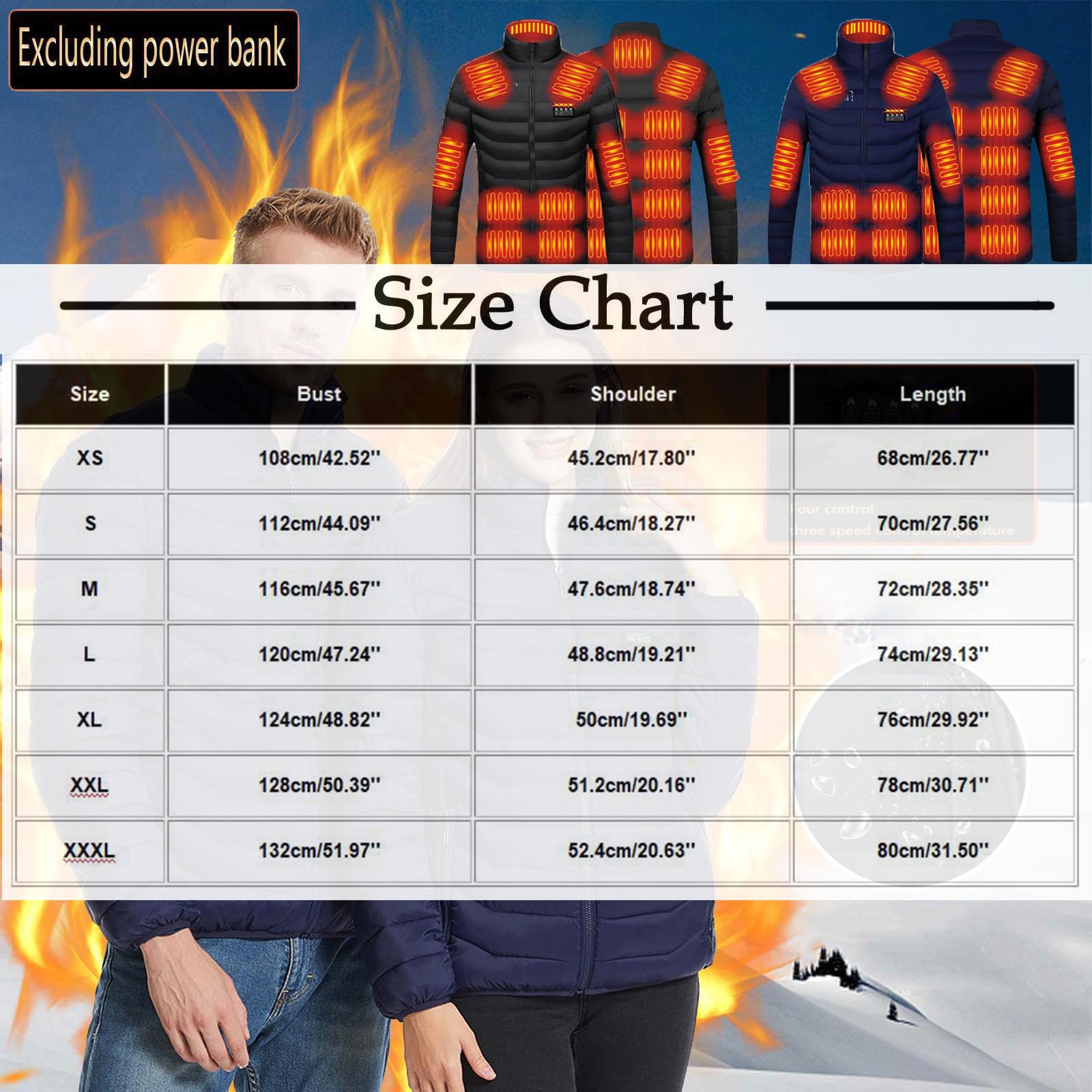 Veste Chauffant Homme Femme Doudoune Chauffante avec 15 Zones et 4 contrôles, Interface USB, Hiver Imperméable Chaud Manteau Sans Capuche Sweater Vêtements pour Ski Pêche Randonnée Plein Air