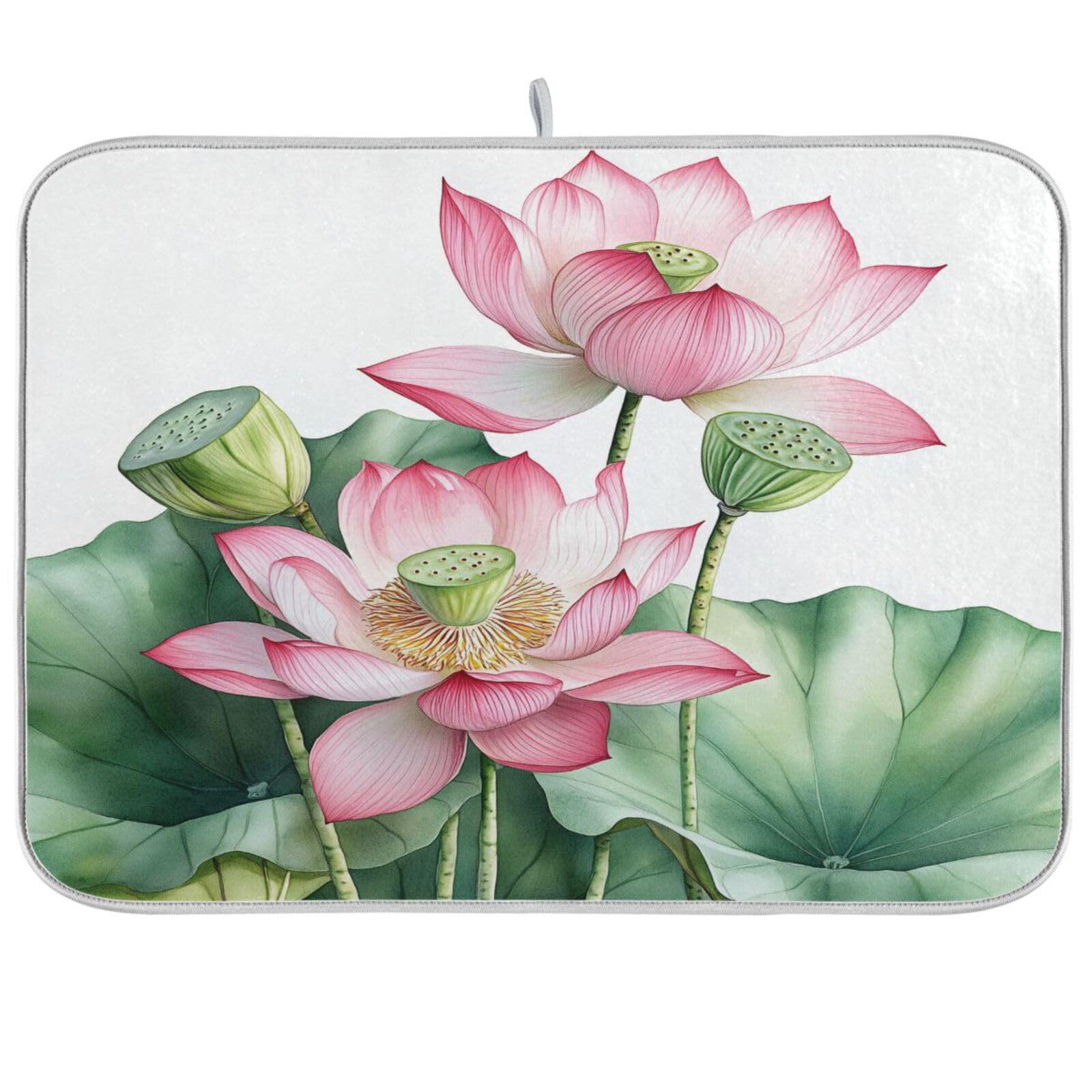 Watercolor Lotus Flowers and Leaves Dish Drying Mat for Kitchen Counter Super Absorbent Dishes Pad Reversible Microfiber Protector Dish Draining Mats