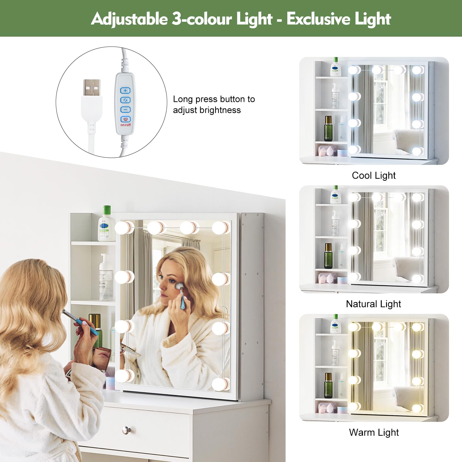 Toeletta Con Luci LED Hollywood - 2 Cassetti E Sgabello - LEMROE Bianco Per Camera Da Letto - Foto 2