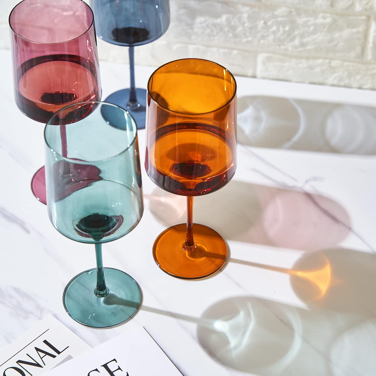 Khen - Colored Muted Colored Glasses - Water & Wine | Set of 4 | Pastel Muted Crystal Glassware, Goblet Cocktails, Red & White, Dinner Color - Stemmed Square Wine Glass Set 13.5oz - Image 5