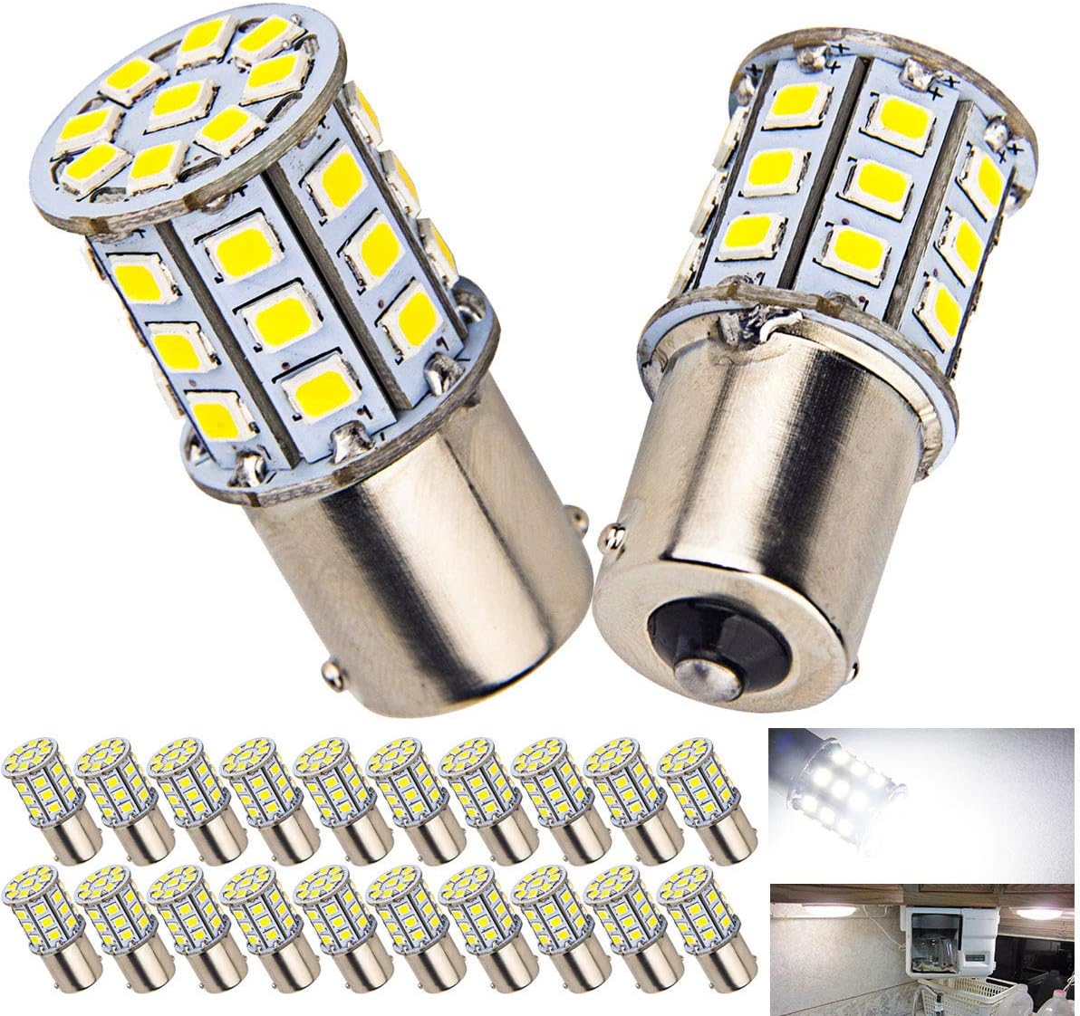 20 x Super Bright BA15S 1156 1141 1003 RV Interior White Light LED Bulbs Camper