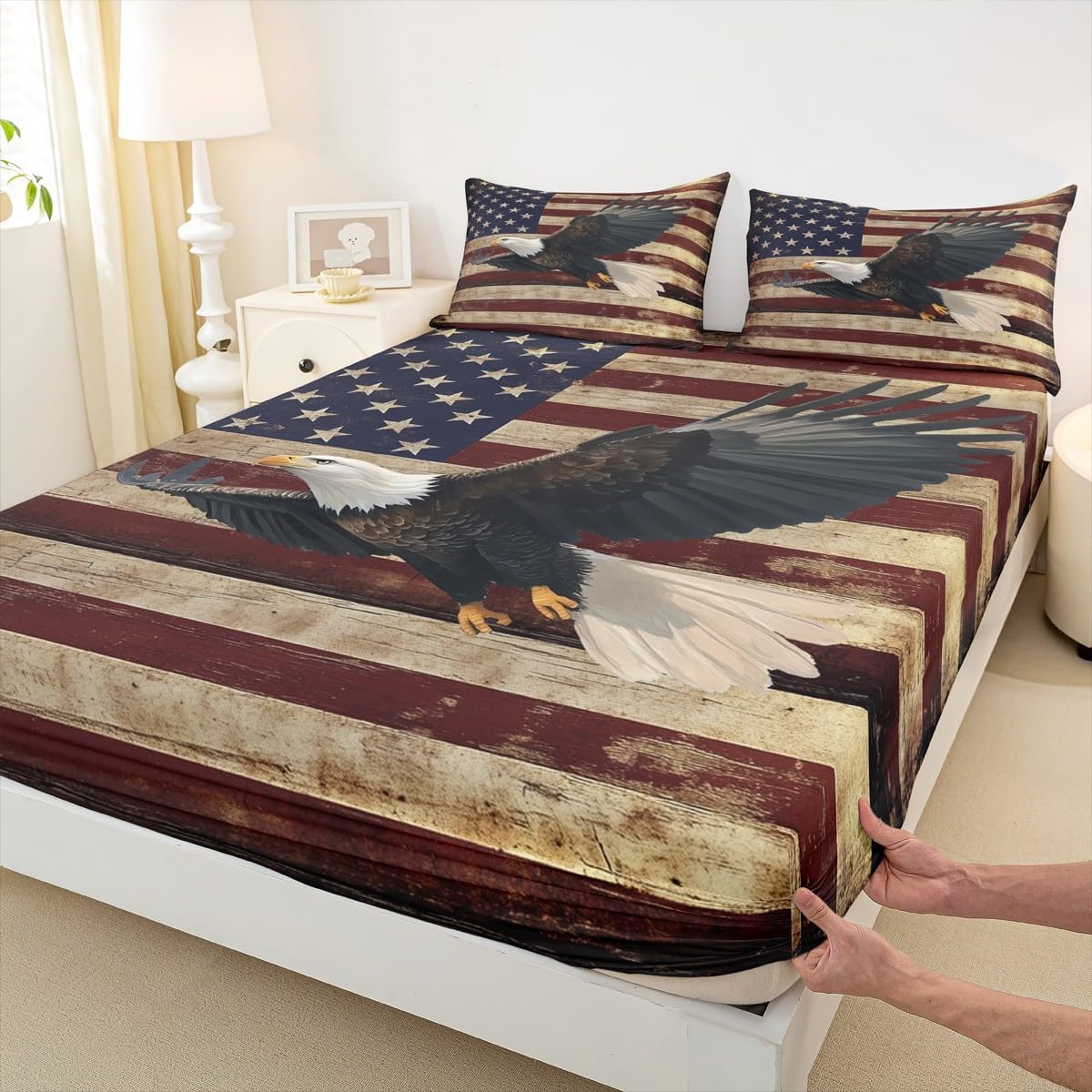 Erosebridal American Flag Fitted Sheet Full Size, Happy Independence Day Soft Bed Sheets for Bedroom, Vintage Eagle Bedding for Kids Boys Girls, July 4th Animal Bedding Sheets & Pillowcases