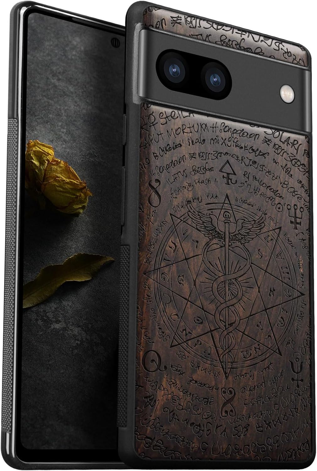 Carveit Wood Case for Pixel 8 Case [Natural Wood & Black Soft TPU] Shockproof Protective Unique Wooden Cover Compatible with Google Pixel 8 (The Caduceus Symbol-Blackwood)