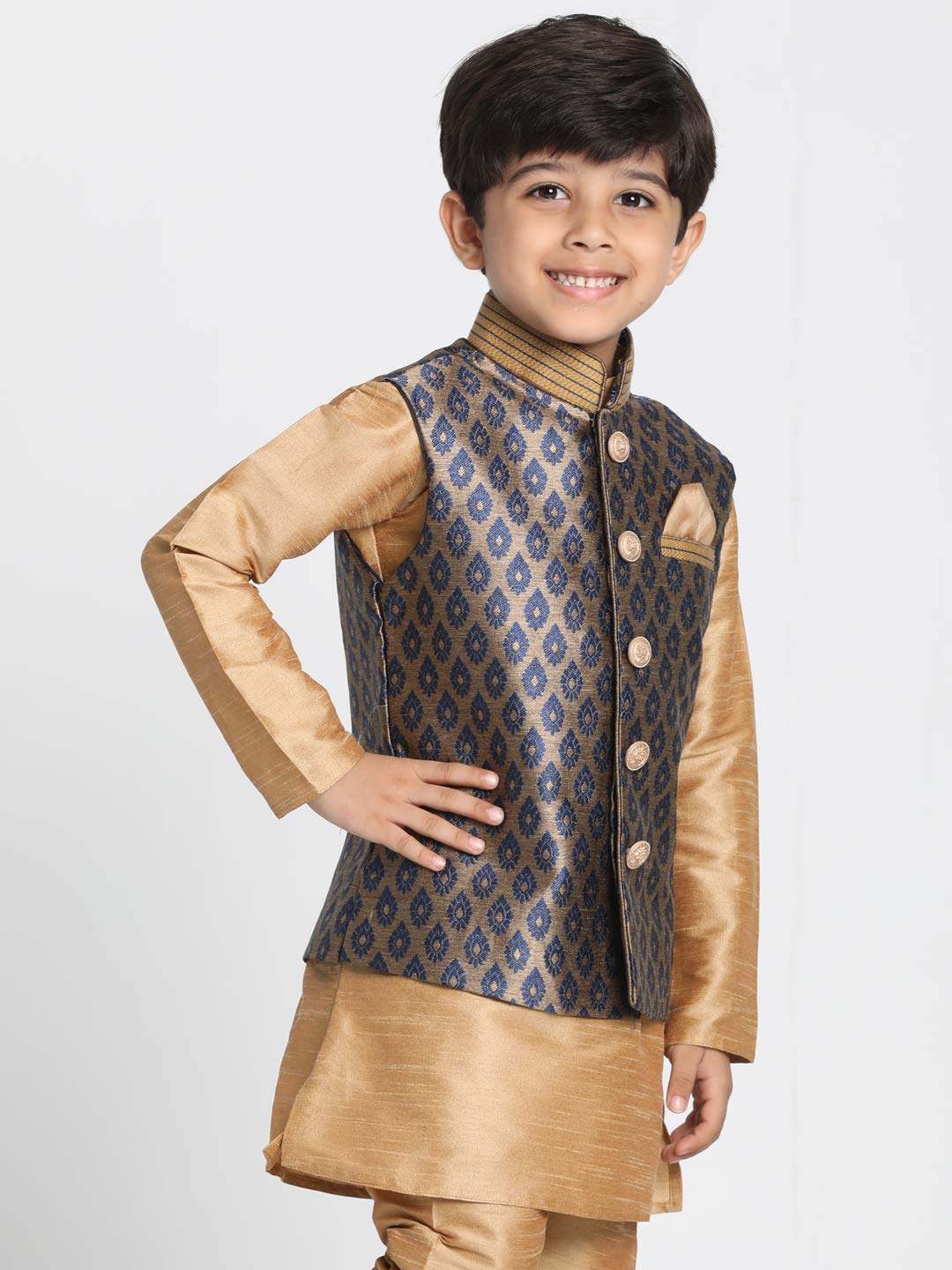 Jbn Creation Boys' Navy Blue And Gold Silk Blend Nehru Jacket (Vasbj025Nb, For 9-10 Years)
