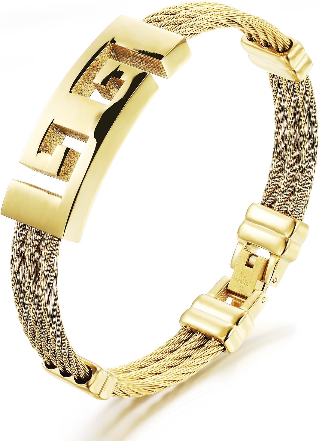 Fate Love Great Wall Pattern Mens 3-Strands Rope Titanium Steel Bracelets Gold Plated Finish