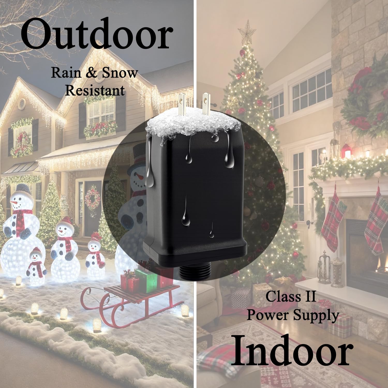 Power Supply JT-DC300V0800-G Class 2 LED Transformer 30V 0.8A 24W Raintight IP44 US Plug Connector 5/8in 15 mm Adapter Replacement for LED String Light Holiday Lighting Christmas X-Mas Tree