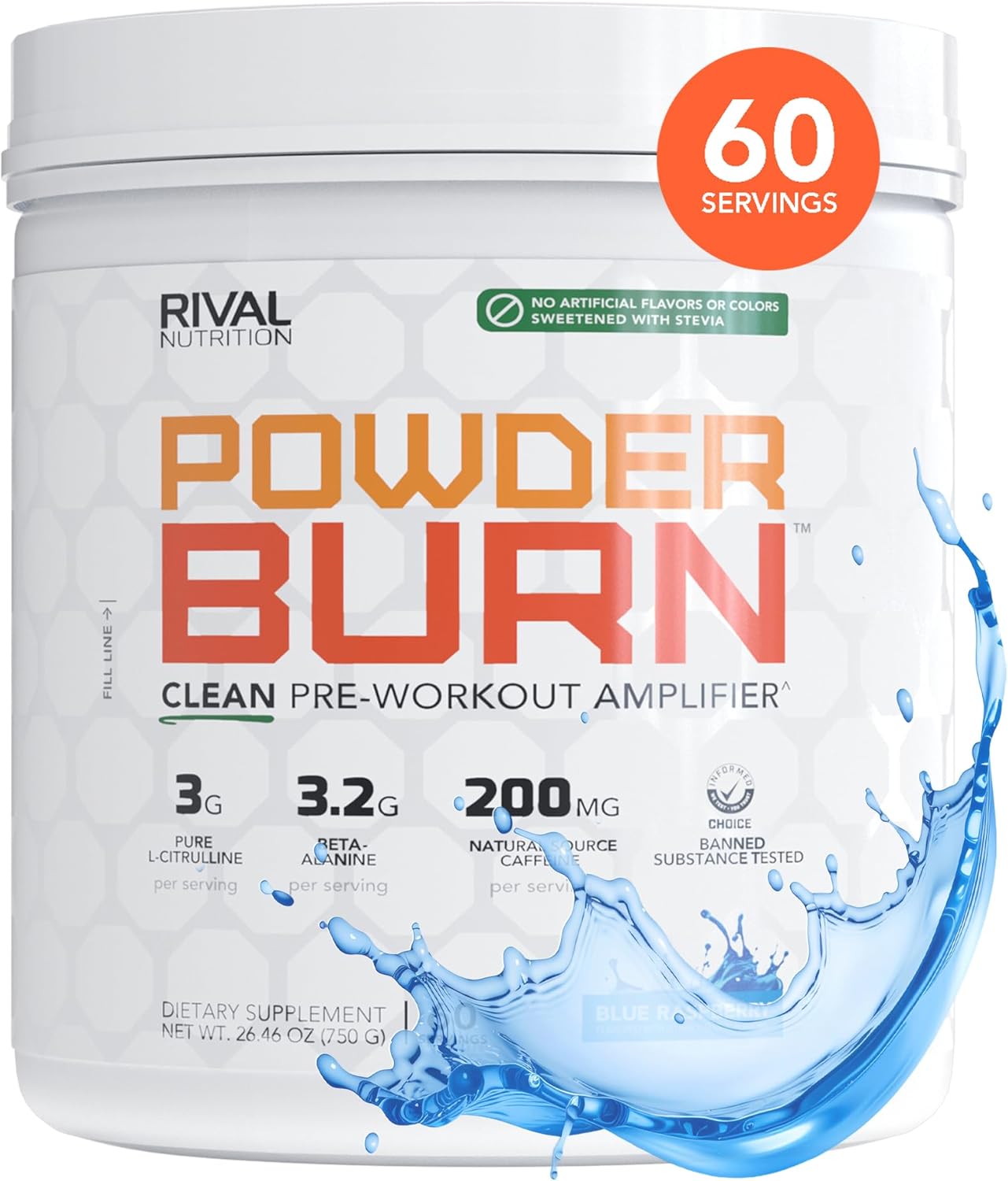 RIVAL NUTRITION Powder Burn Pre-Workout Energy Powder for Men and Women I Blue Raspberry, 60 Servings | Clean Ingredients I 3g L-Citrulline, 3.2g Beta-Alanine and 200mg Natural Caffeine Per Serving