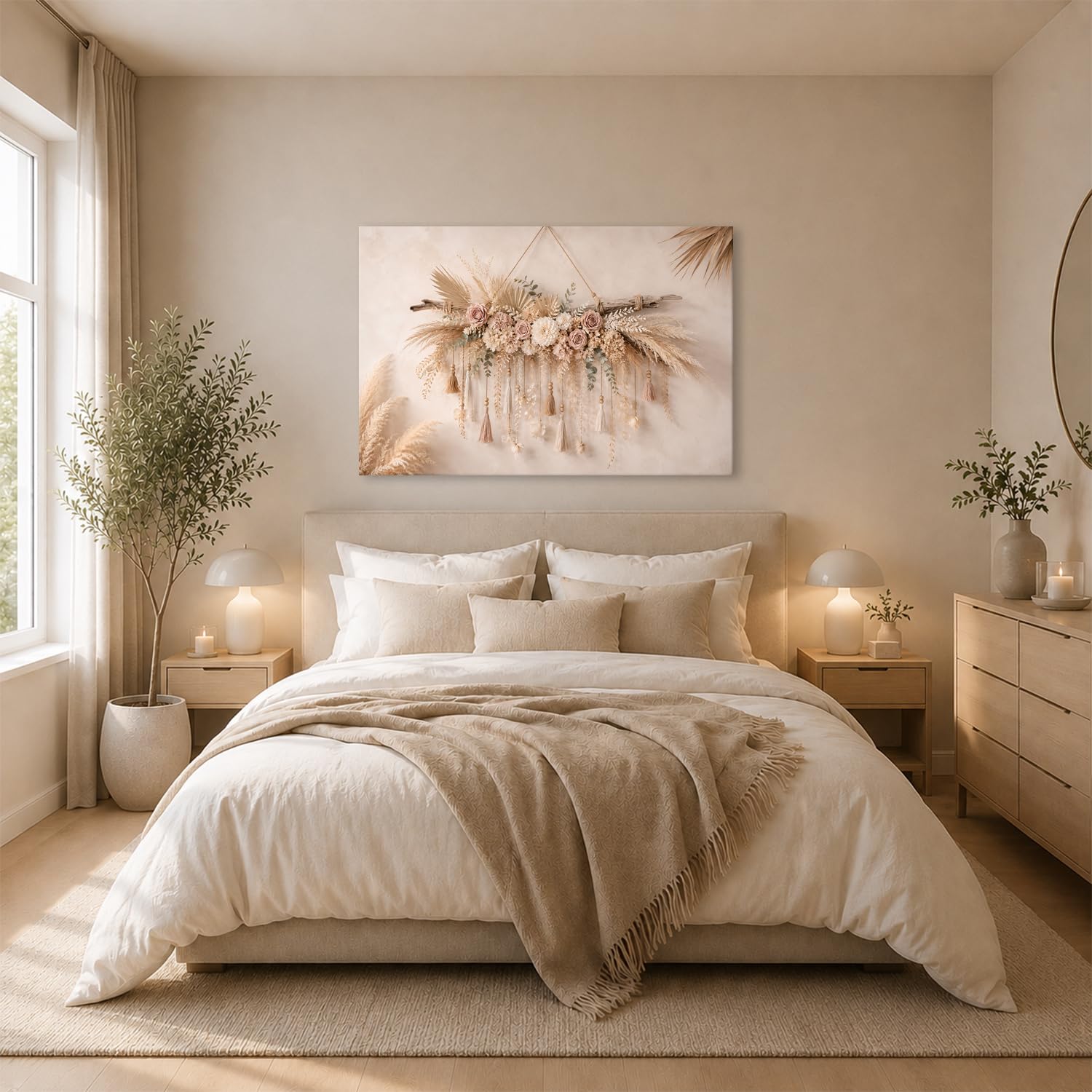 Leinwandbild Trockenblumen und Quasten an Holzstamm 70x50cm Farbig