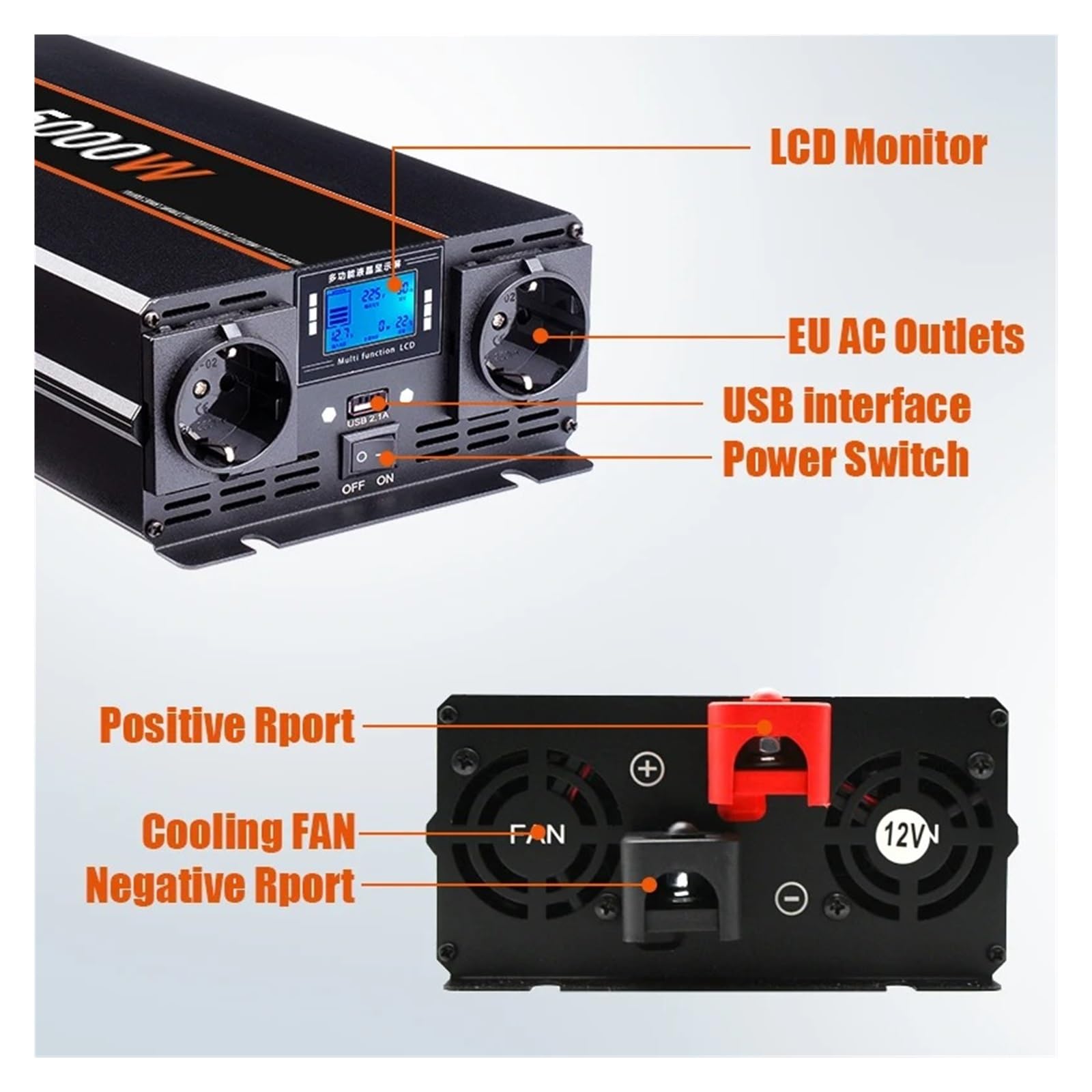 Power Inverter Convertitore Micro Inverter Per Auto, Camper, Casa, 5000 W/4000 W/3000 W, Convertitore Di Tensione A Onda Sinusoidale Pura Da 12/24 V CC A 220 V.(12V,3000W)