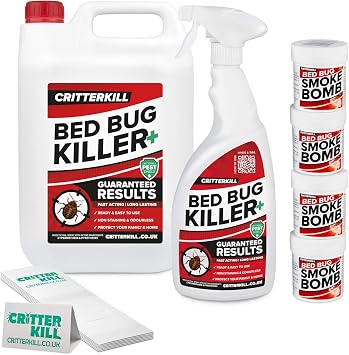 CritterKill Bed Bug Killer Kit - For Medium Level Home Infestation - Bedbug Spray + Smoke Bombs + Insect Traps 5+1L / 4x16g / 6