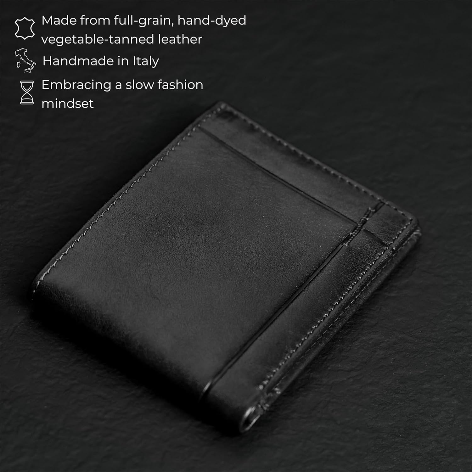 Time Resistance Leather Wallet – Italian Handmade Minimalist Billfold for Cards and Cash – Slim Full-Grain Leather Wallet (Black) - Image 4