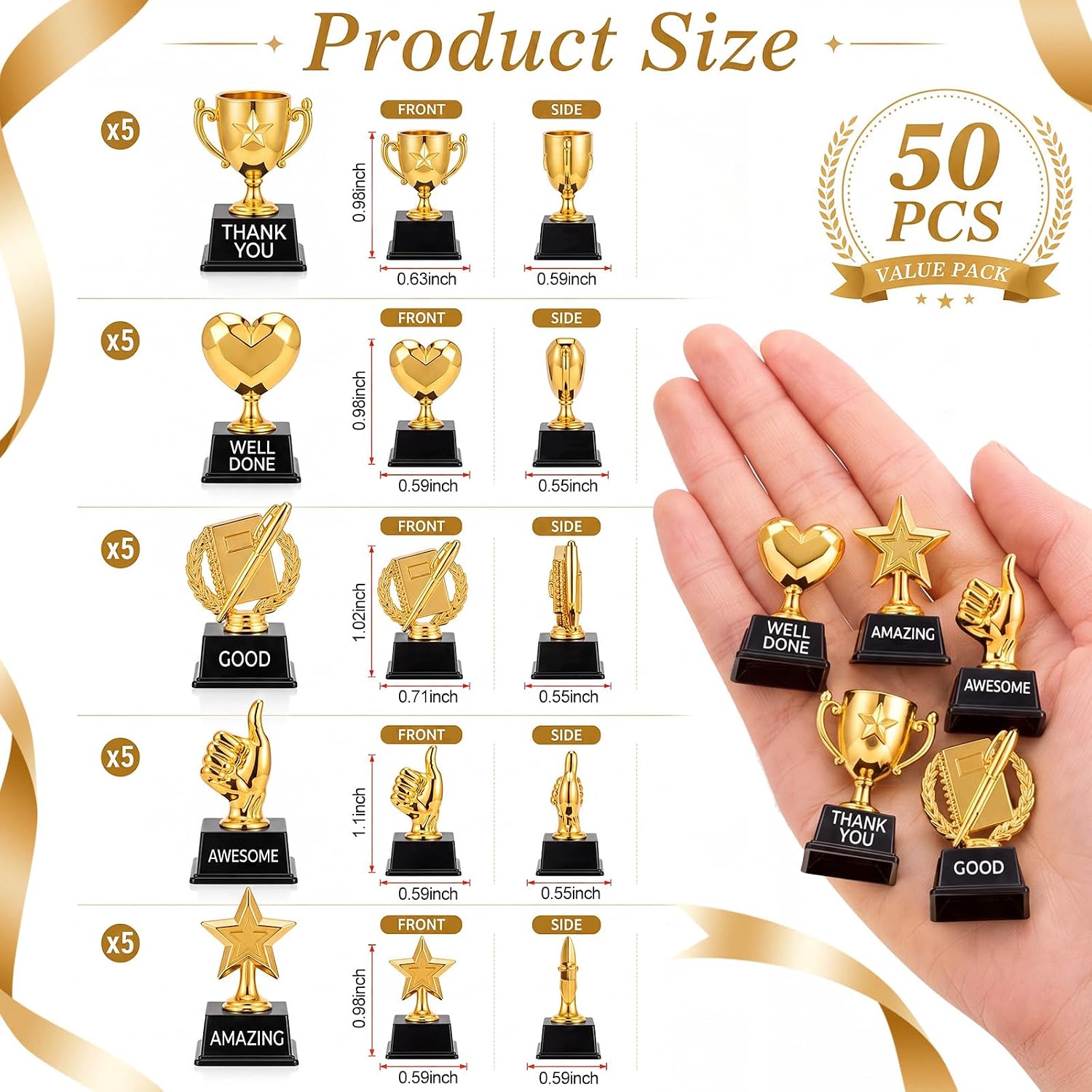 Kenning 25 Pack Mini Gold Trophies Bulk Tiny Award for Employee, 5 Styles