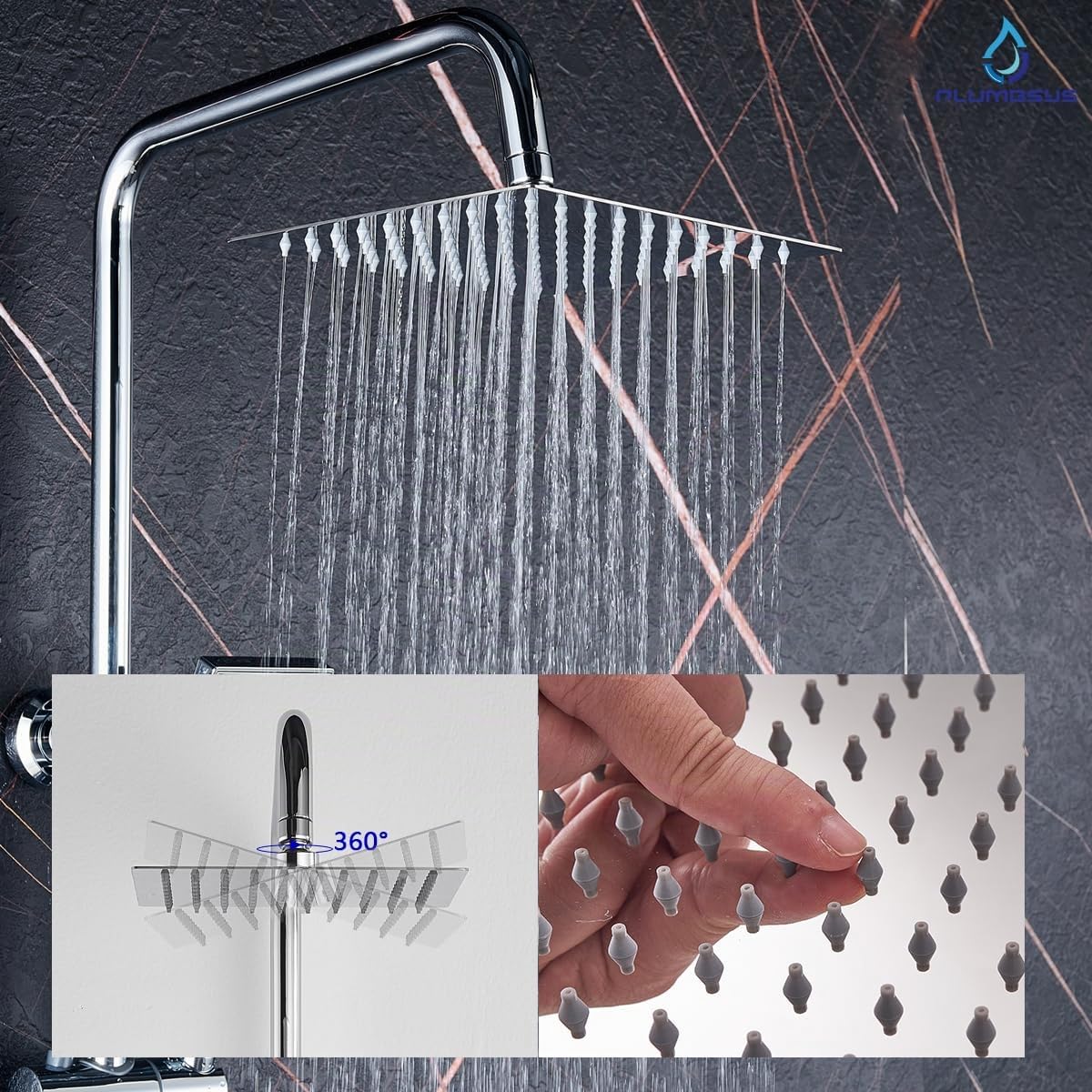 Columna de ducha cromada con cabezal de ducha cuadrado tipo lluvia de 20x20 cm, acero inoxidable.